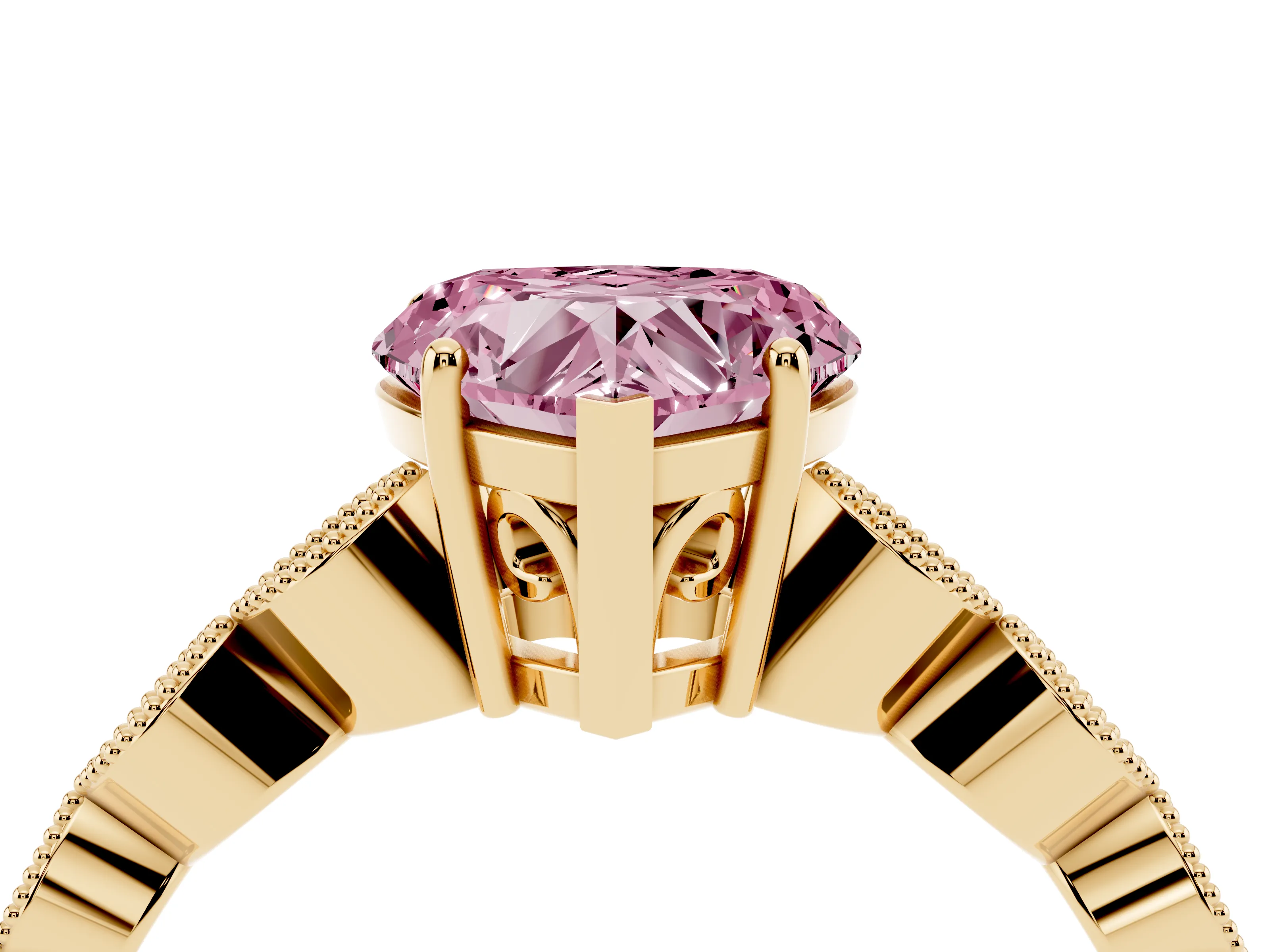 Fancy Pink Heart Cut Diamond Solitaire Ring Set in Yellow gold with Infinity Twist Pavé Band