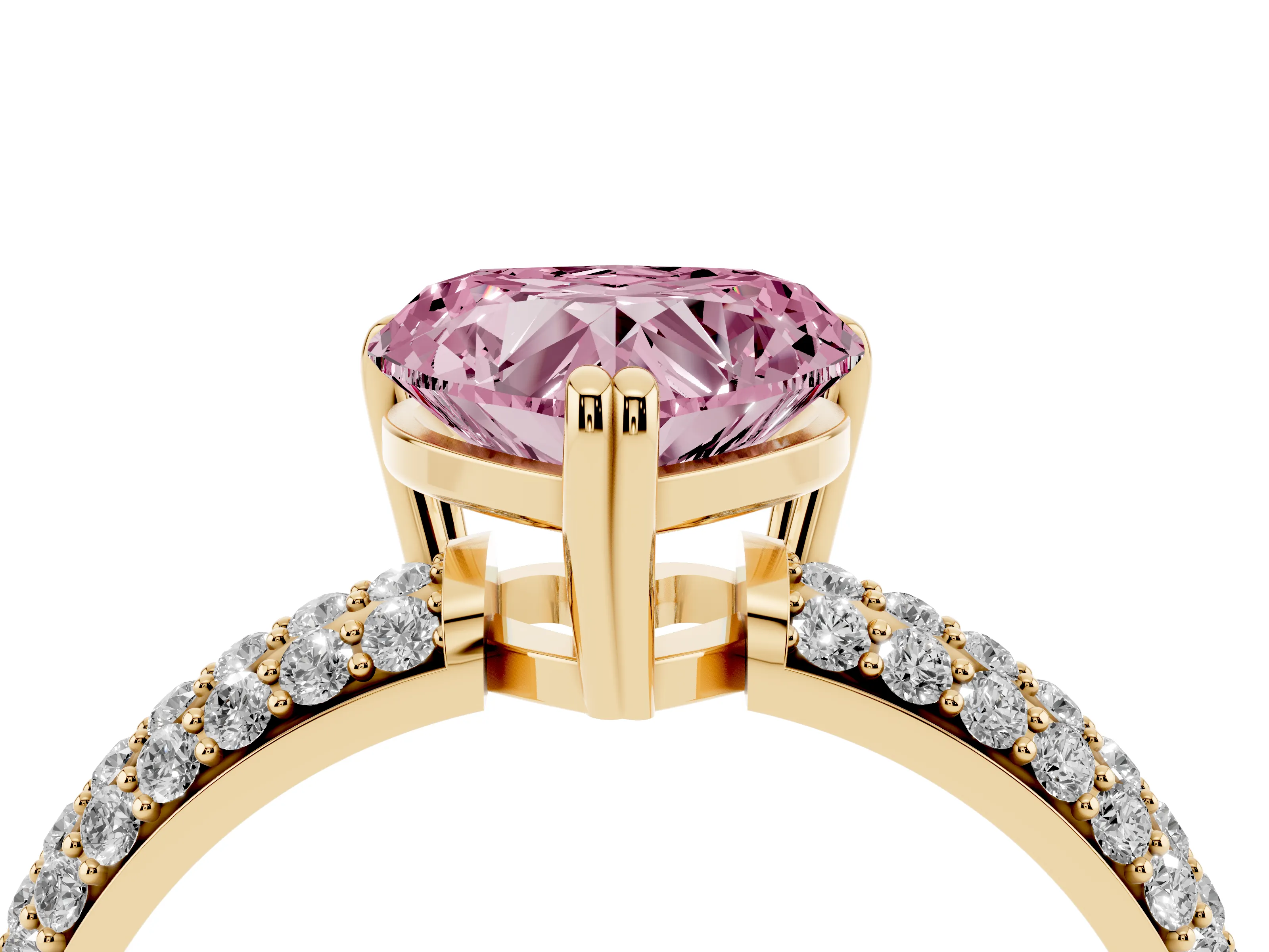 Fancy Pink Heart Cut Diamond Solitaire Ring Set in Yellow gold with Multi-Row Round Pavé Band and Prong Setting