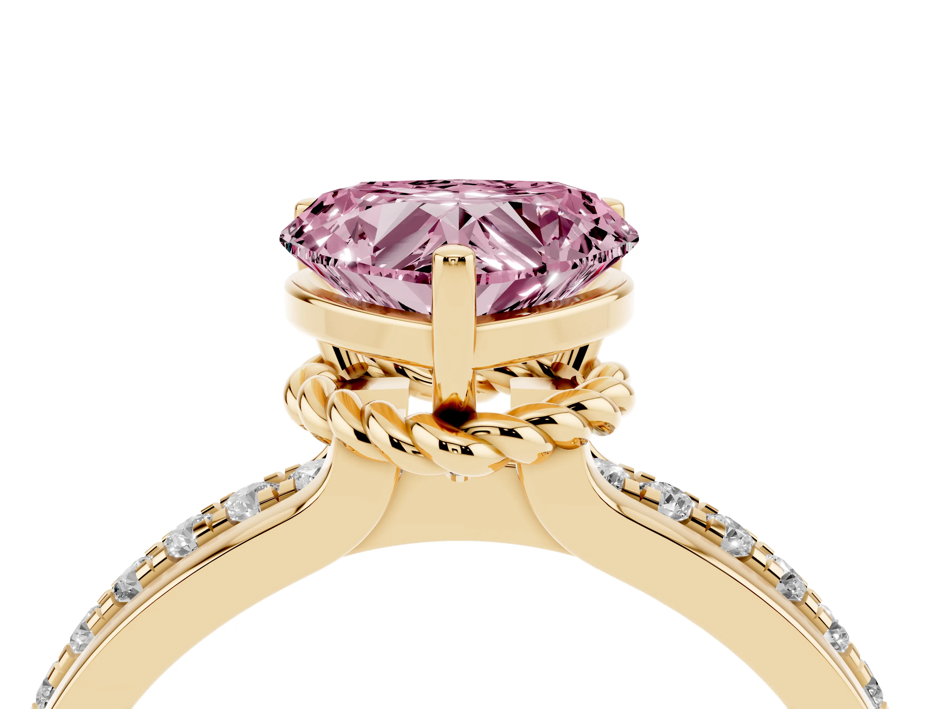 Fancy Pink Heart Cut Diamond Solitaire Ring Set in Yellow gold with Channel Set Band and Prong Setting