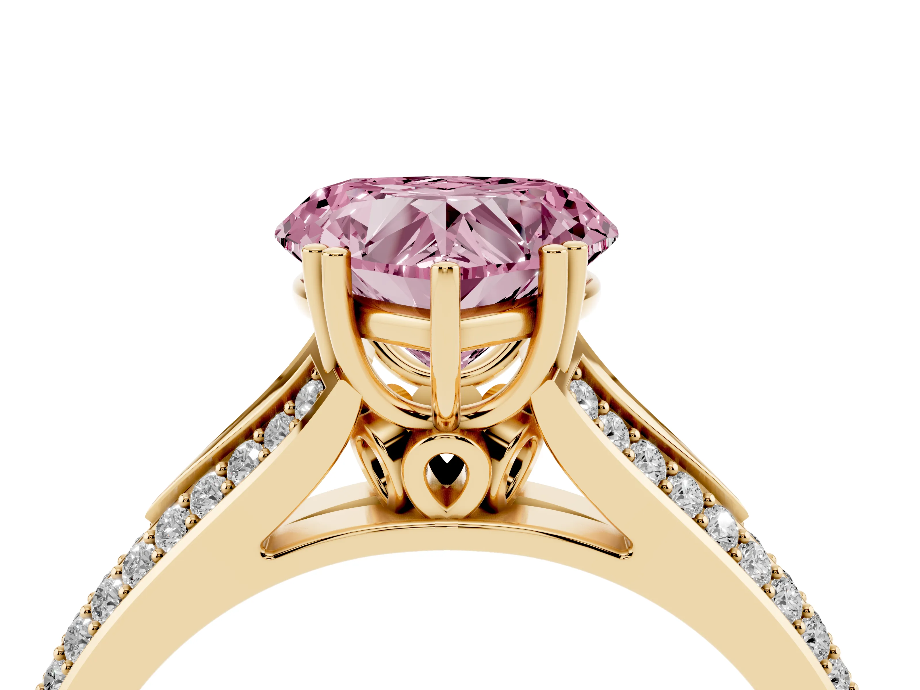 Fancy Pink Heart Cut Diamond Split Shank Pavé Engagement Ring Set in Yellow gold with Prong-Set Center Stone