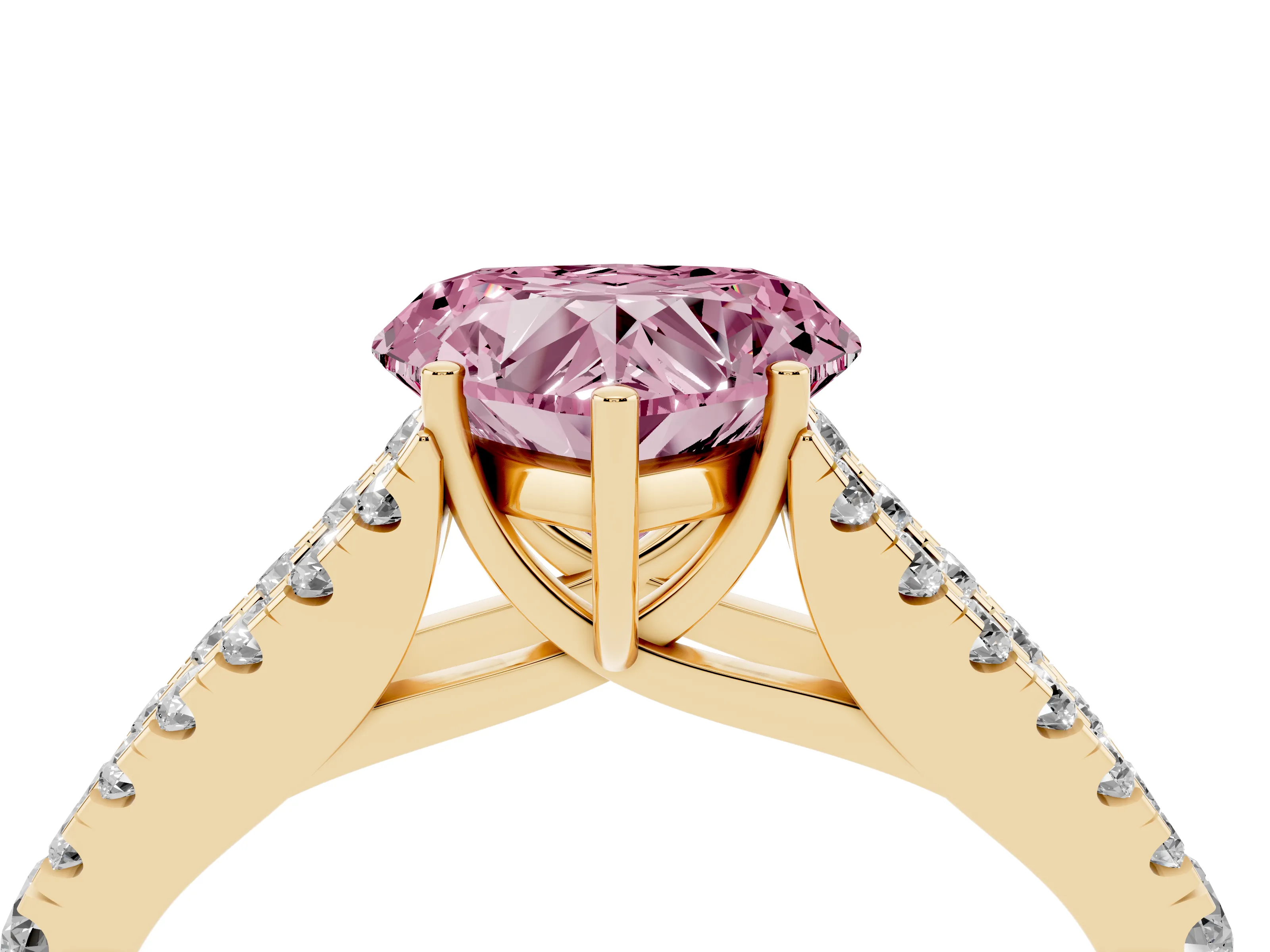 Fancy Pink Heart Cut Diamond Split Shank Pavé Engagement Ring Set in Yellow gold with Prong-Held Center Stone
