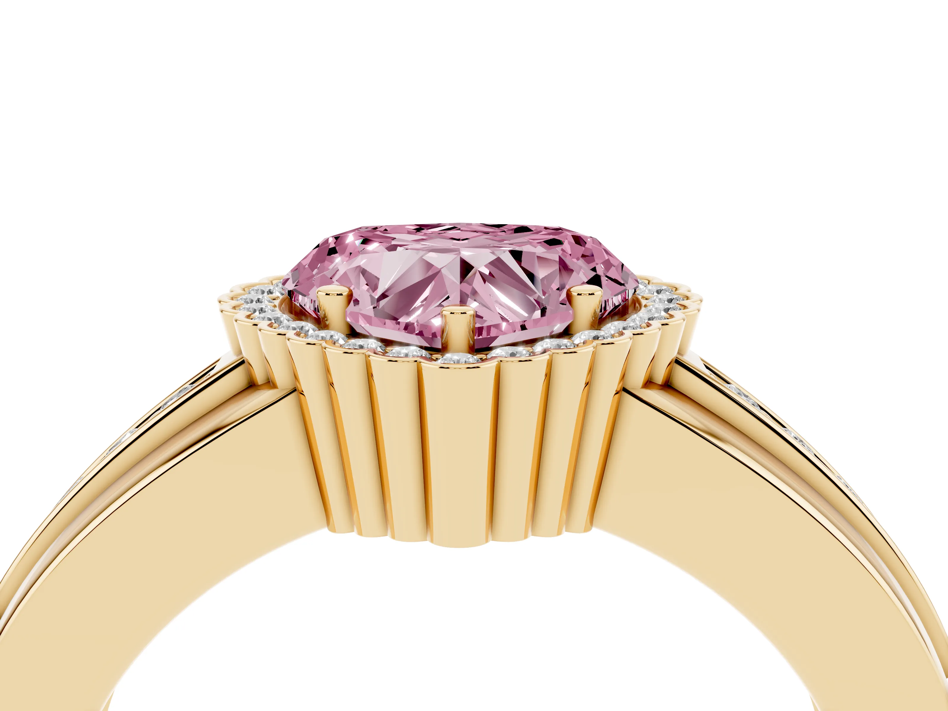 Fancy Pink Heart Cut Diamond Halo Prong Ring Set in Yellow gold with Pavé Band
