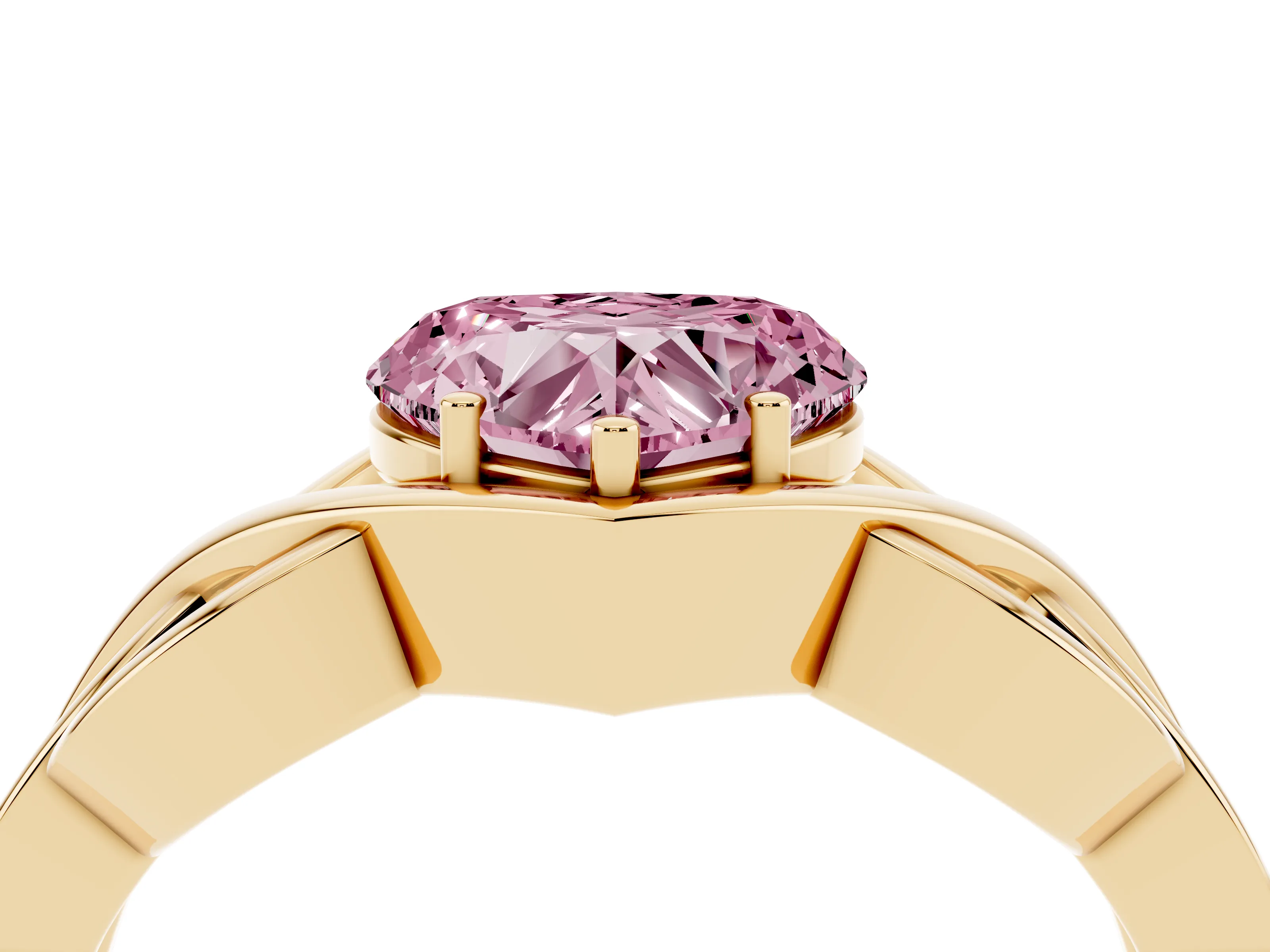 Fancy Pink Heart Cut Diamond Solitaire Ring Set in Yellow gold with Intertwined Band