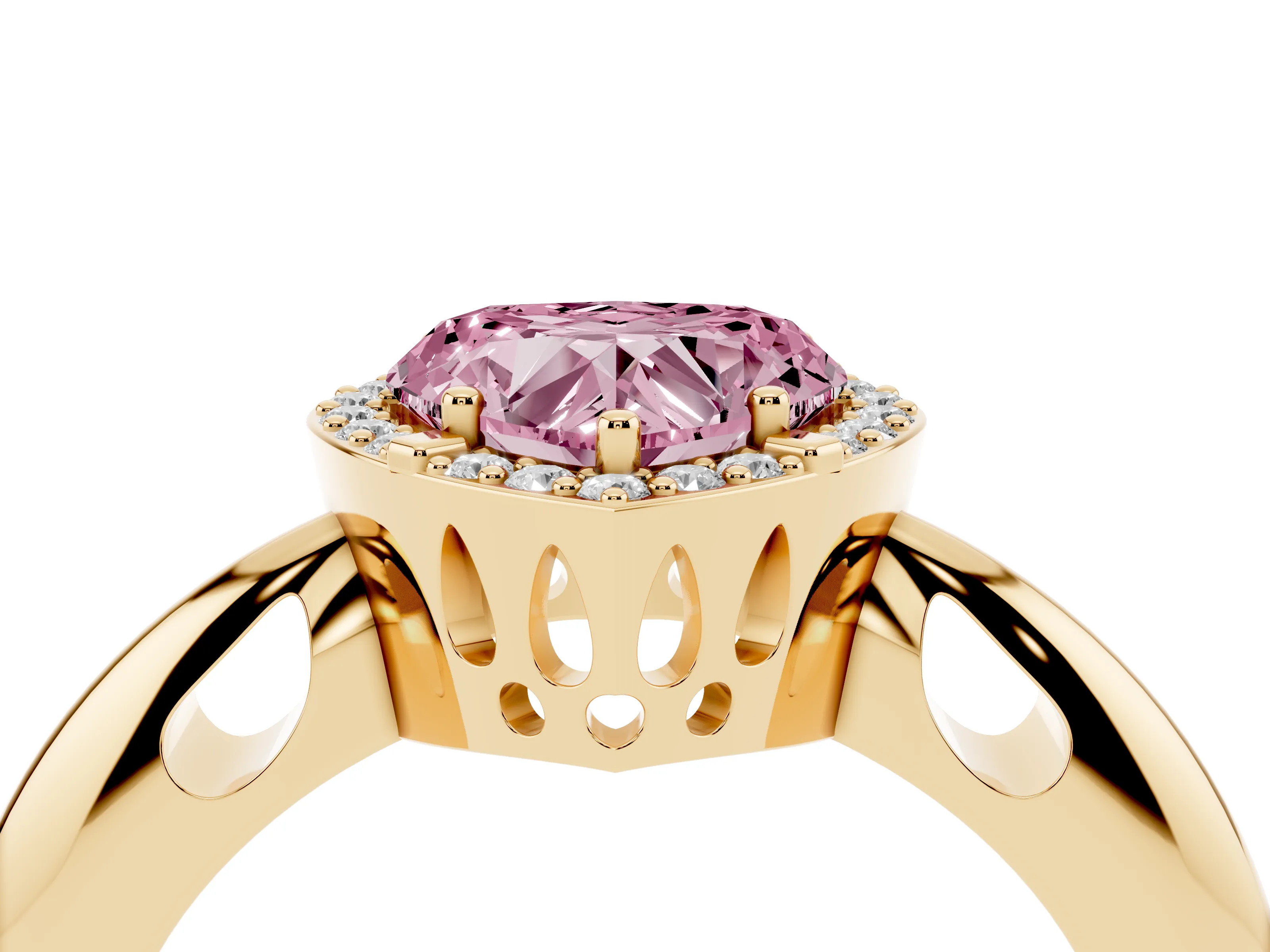 Fancy Pink Heart Cut Diamond Halo Engagement Ring Set in Yellow gold with Plain Split Shank and Prong Setting