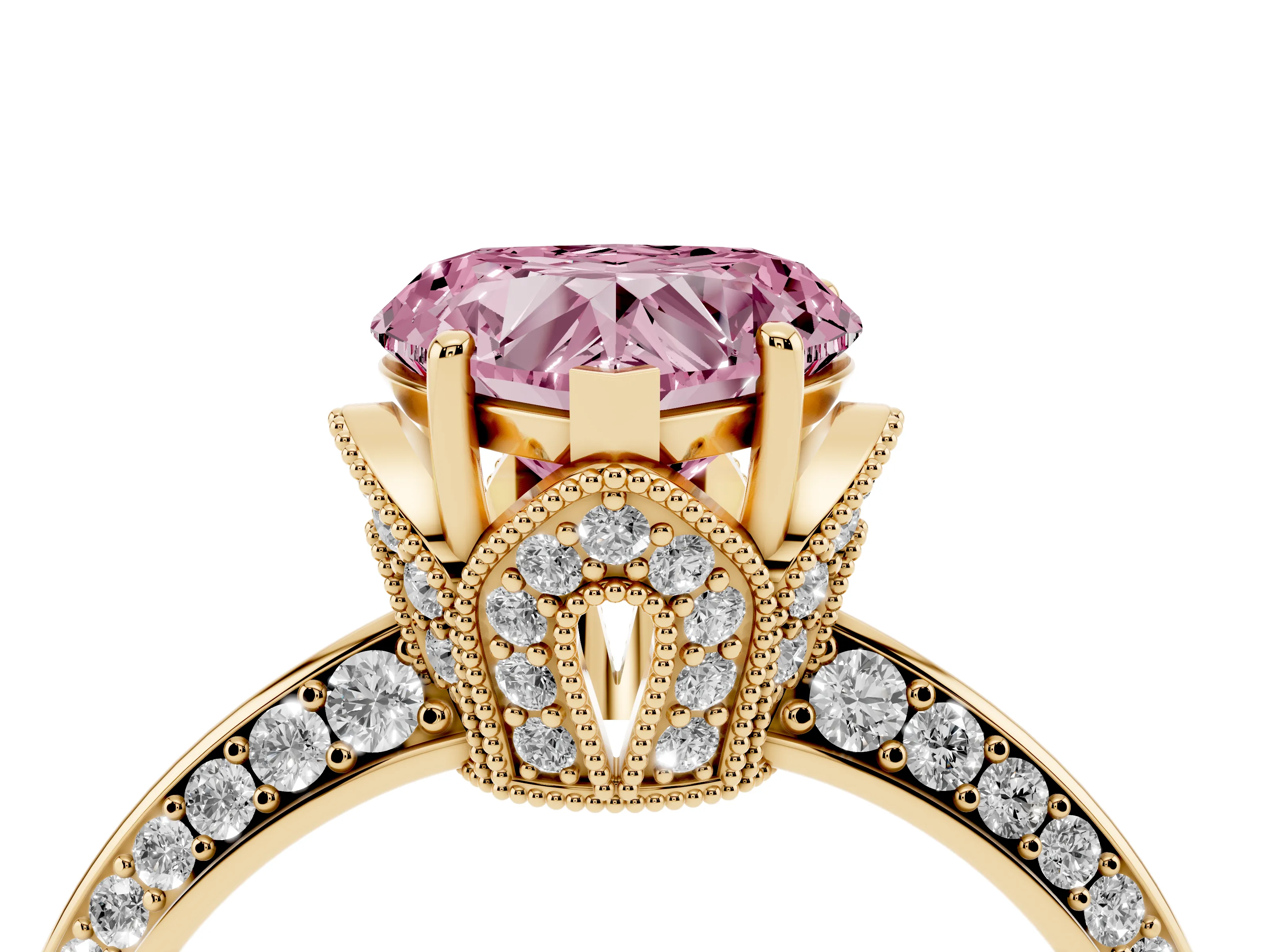 Fancy Pink Heart Cut Diamond Solitaire Engagement Ring Set in Yellow gold with Pavé Split Shank and Prong Setting