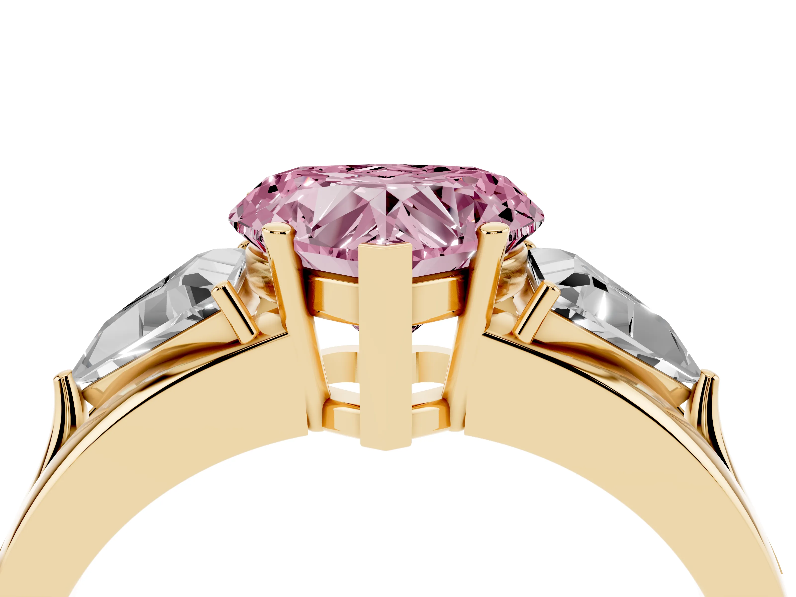 Fancy Pink Heart Cut Diamond Three-Stone Ring Set in Yellow gold with Trillion Side Stones and Split Shank