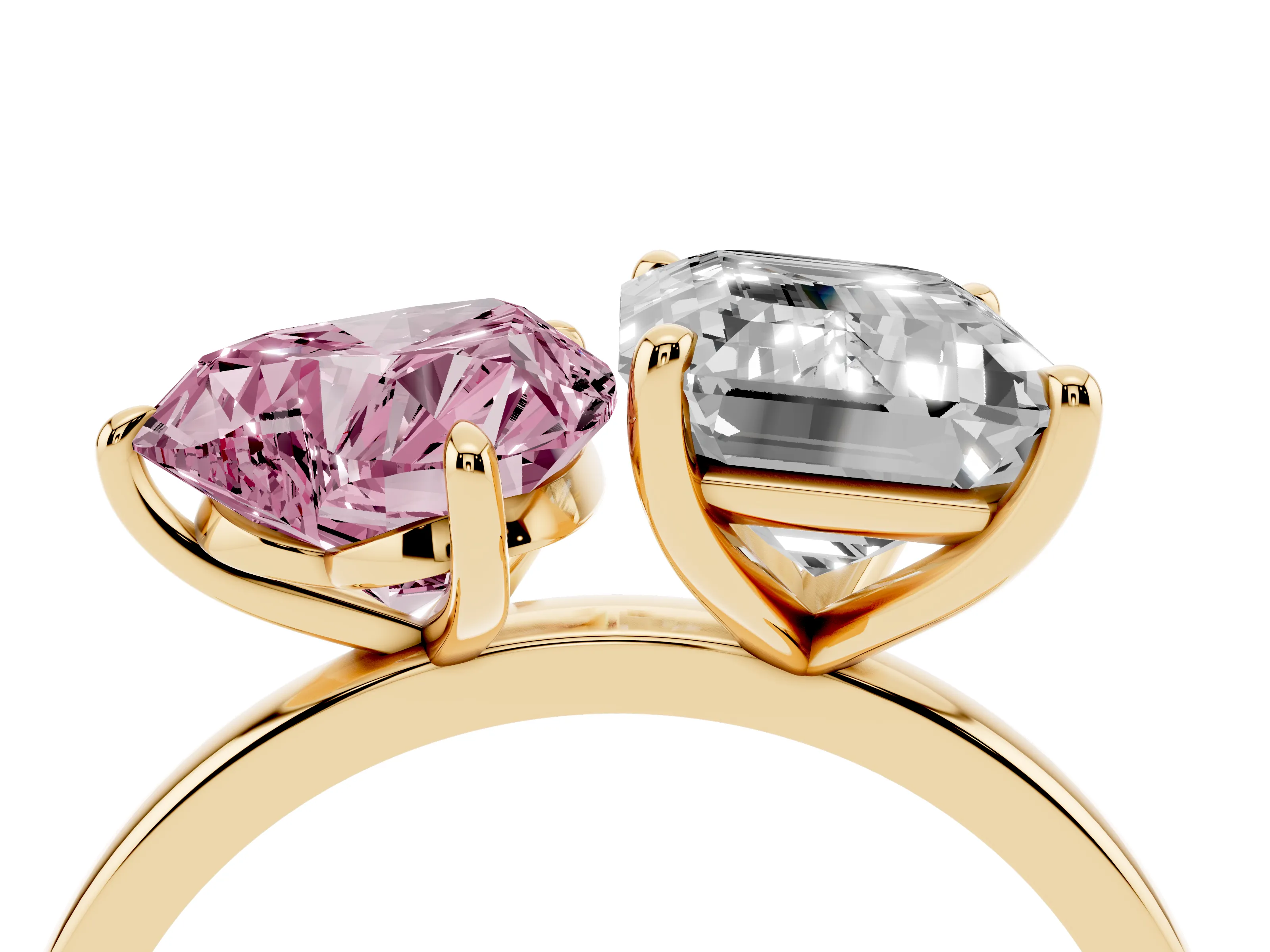 Fancy Pink Heart Cut and Emerald Cut Toi Moi Ring Set in Yellow gold with Prong Setting