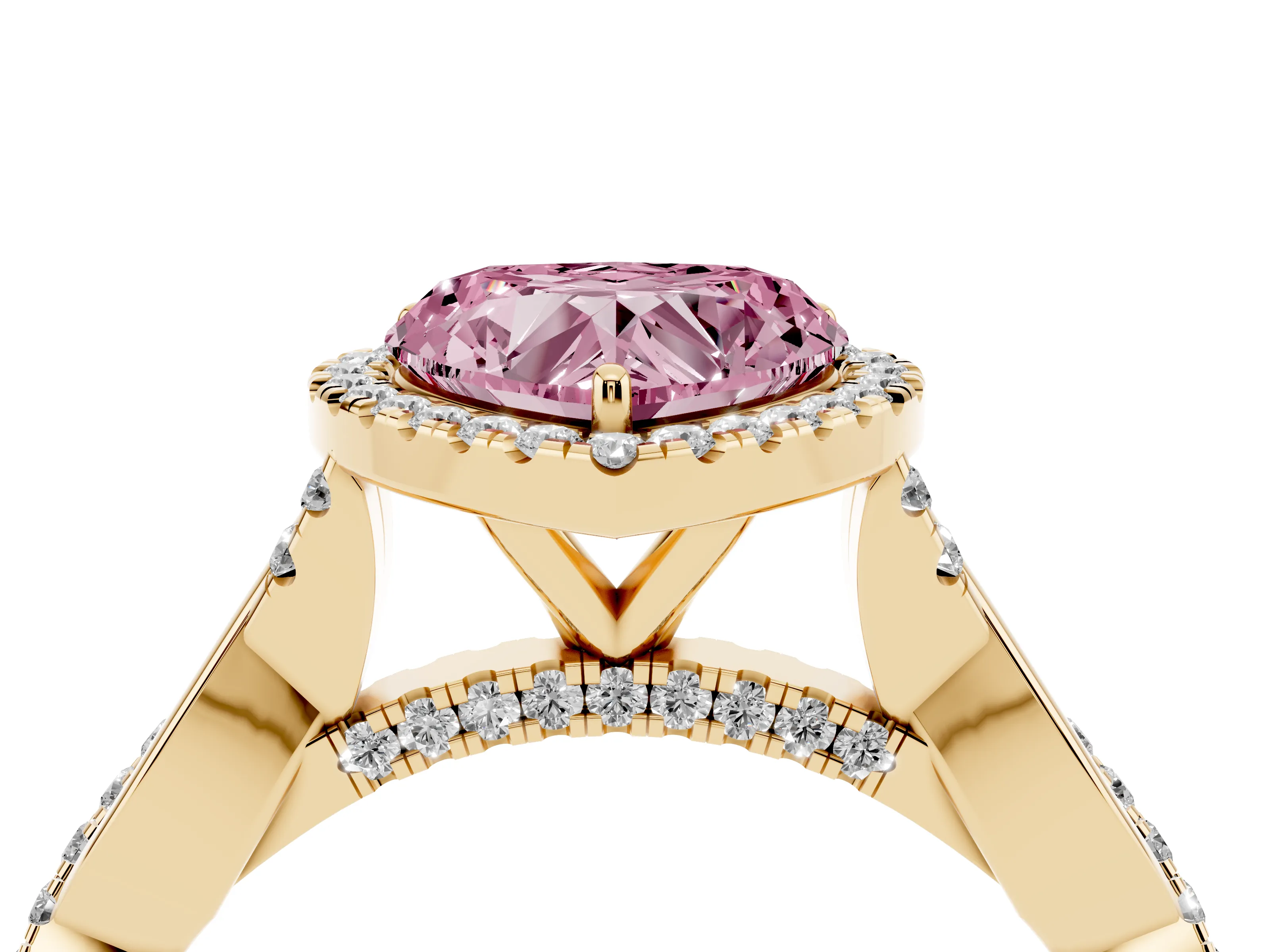 Fancy Pink Heart Cut Diamond Halo Twist Band Solitaire Ring Set in Yellow gold with Prong Setting