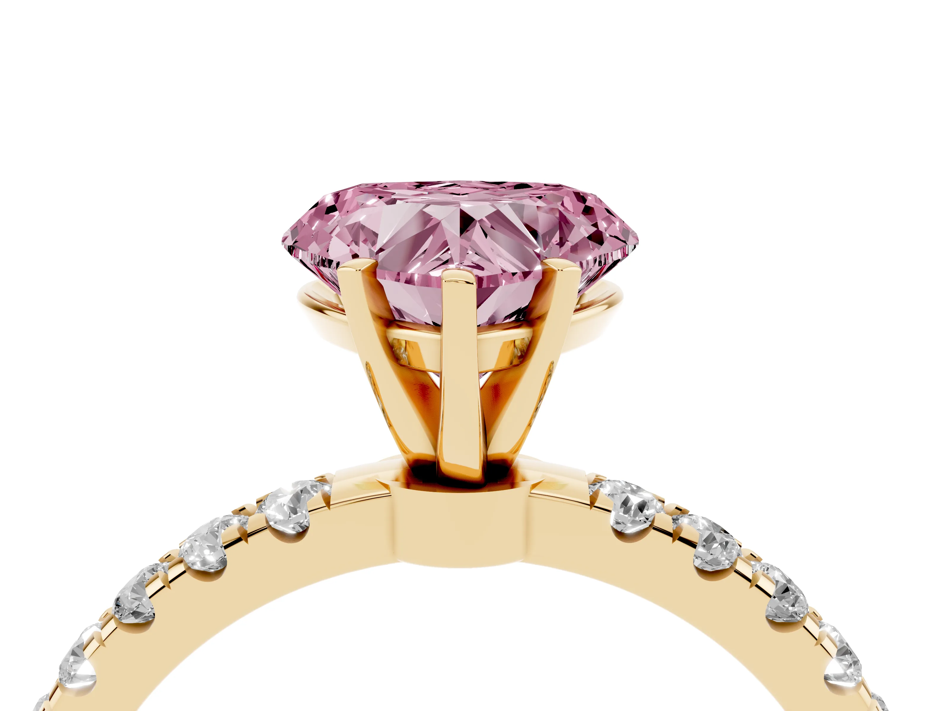 Fancy Pink Heart Cut Diamond Solitaire Ring Set in Yellow gold with Pavé Accents and Prong Setting