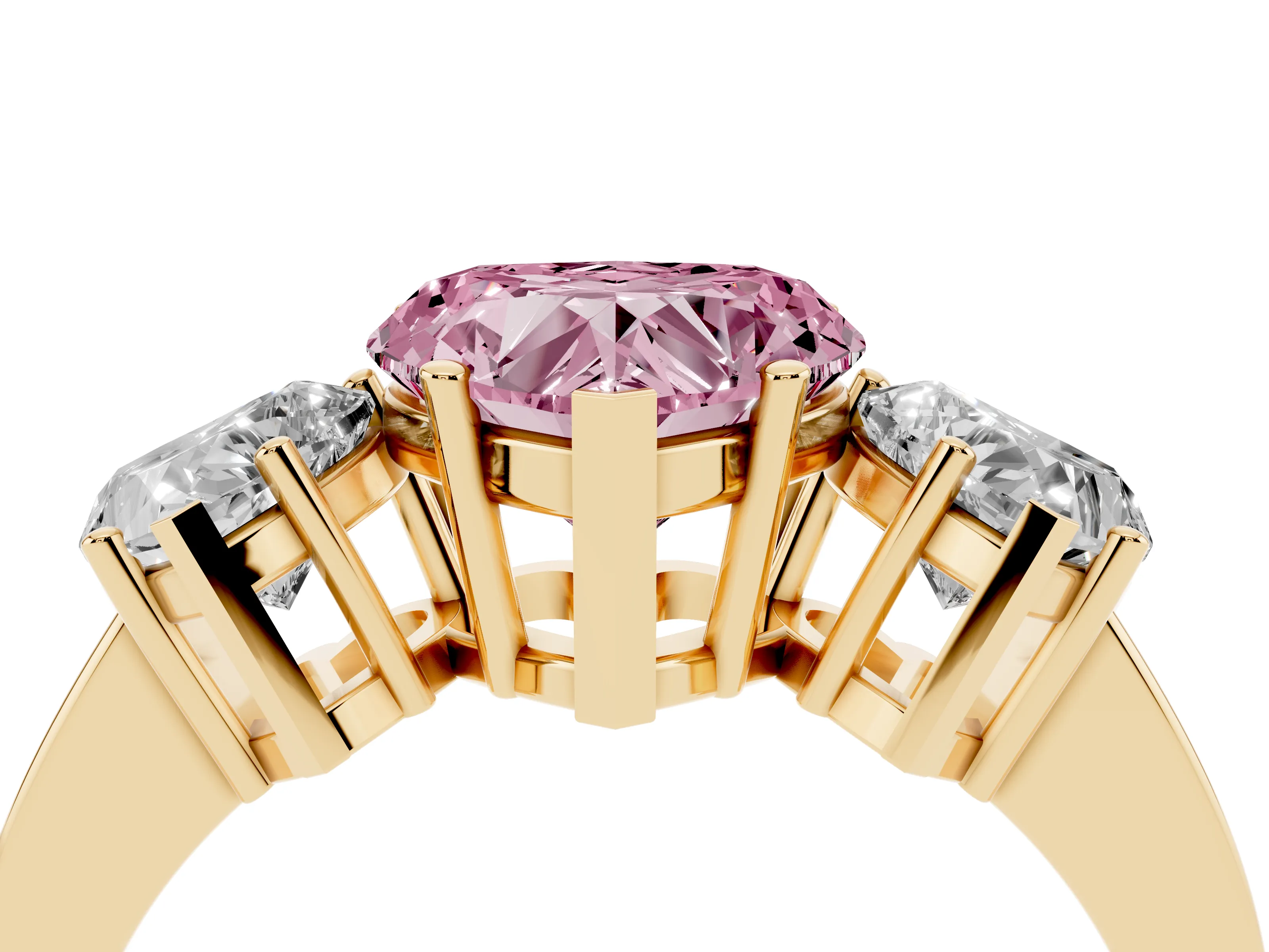 Fancy Pink Heart Cut Diamond Three-Stone Engagement Ring Set in Yellow gold with Flat Band