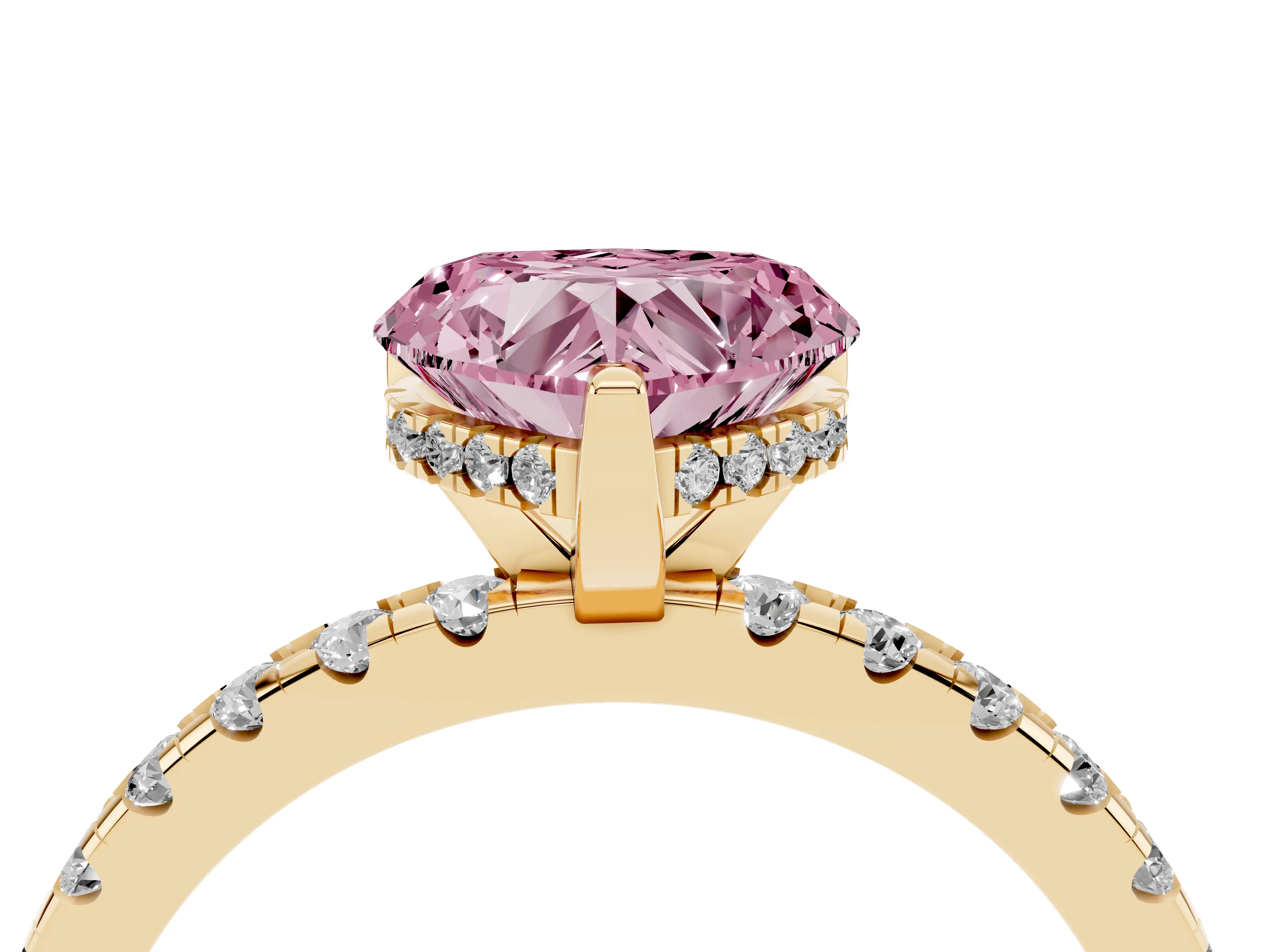 Fancy Pink Heart Cut Diamond Pavé Solitaire Ring Set in Yellow gold with Round Band Accents and Prong Setting