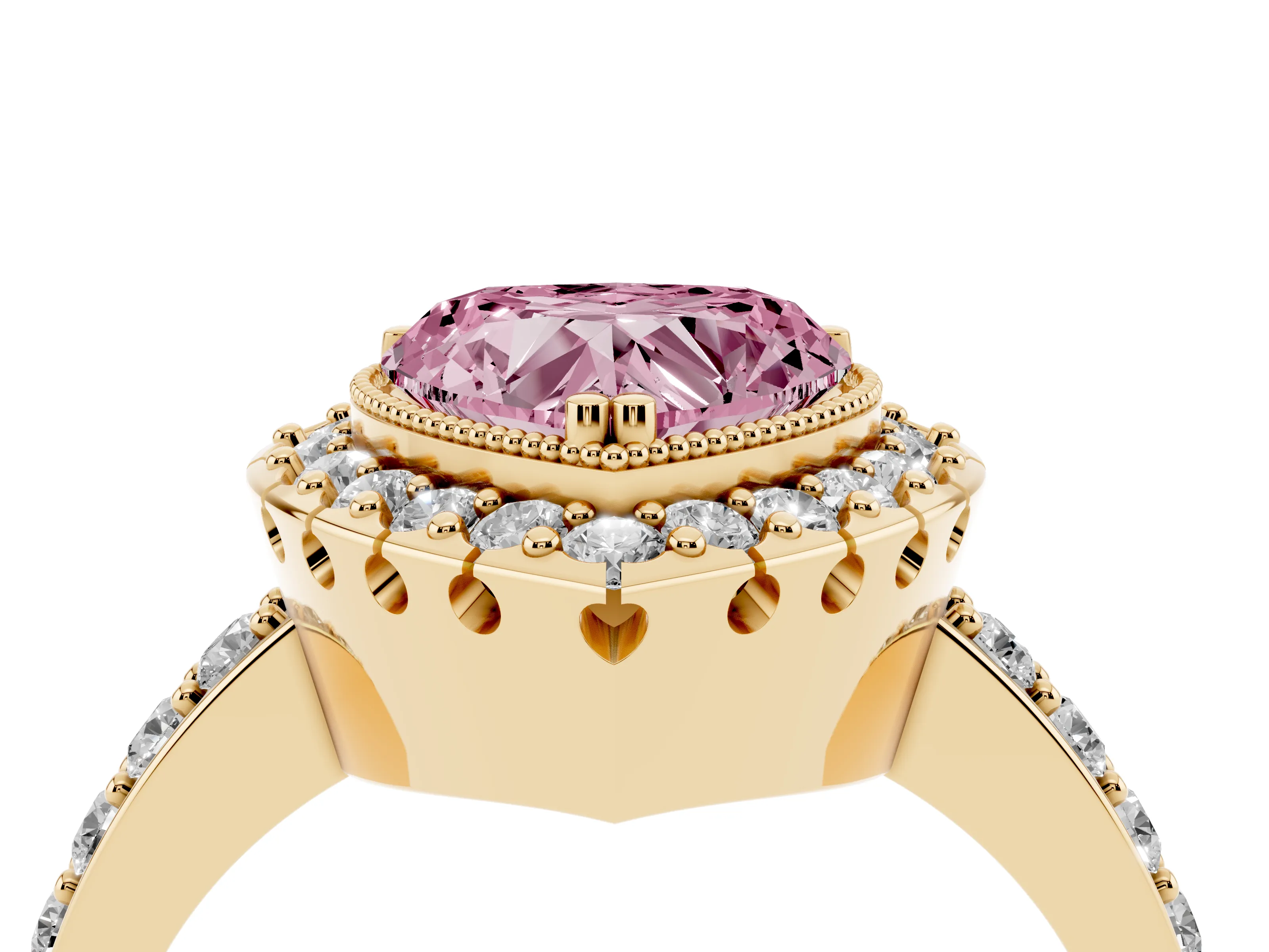 Fancy Pink Heart Cut Diamond Halo Ring Set in Yellow gold with Pavé Shank and Prong Setting