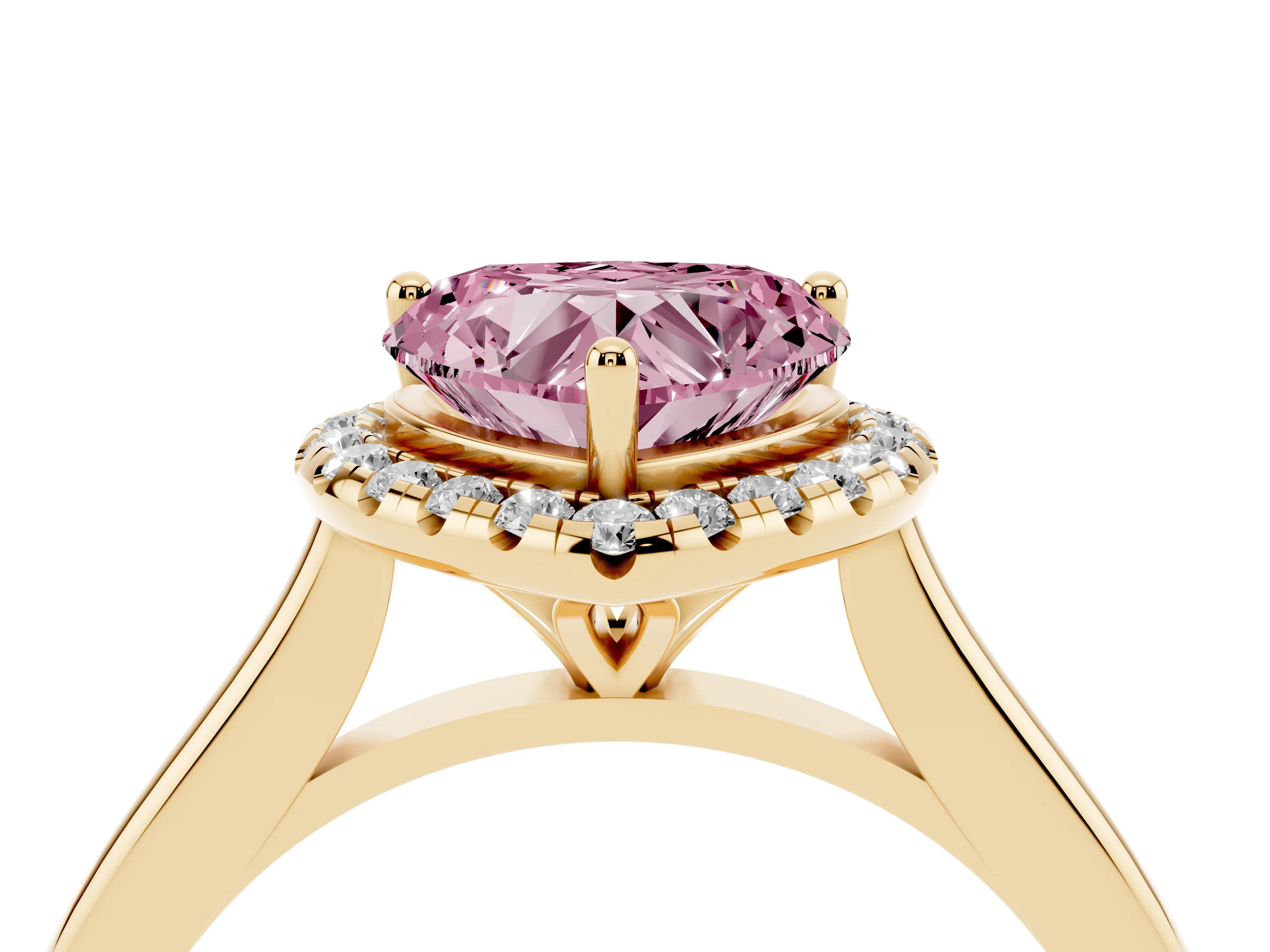 Fancy Pink Heart Cut Diamond Halo Engagement Ring Set in Yellow gold with Pavé Band and Rising Shoulders
