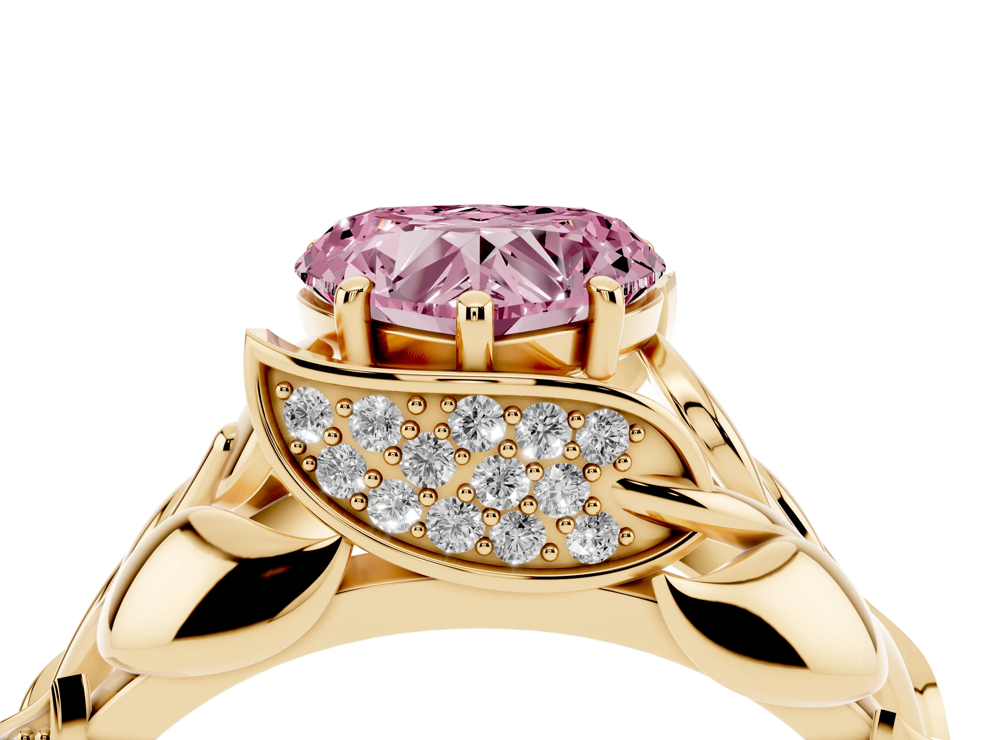 Fancy Pink Heart Cut Diamond Leaf-Inspired Engagement Ring Set in Yellow gold with Round Accents