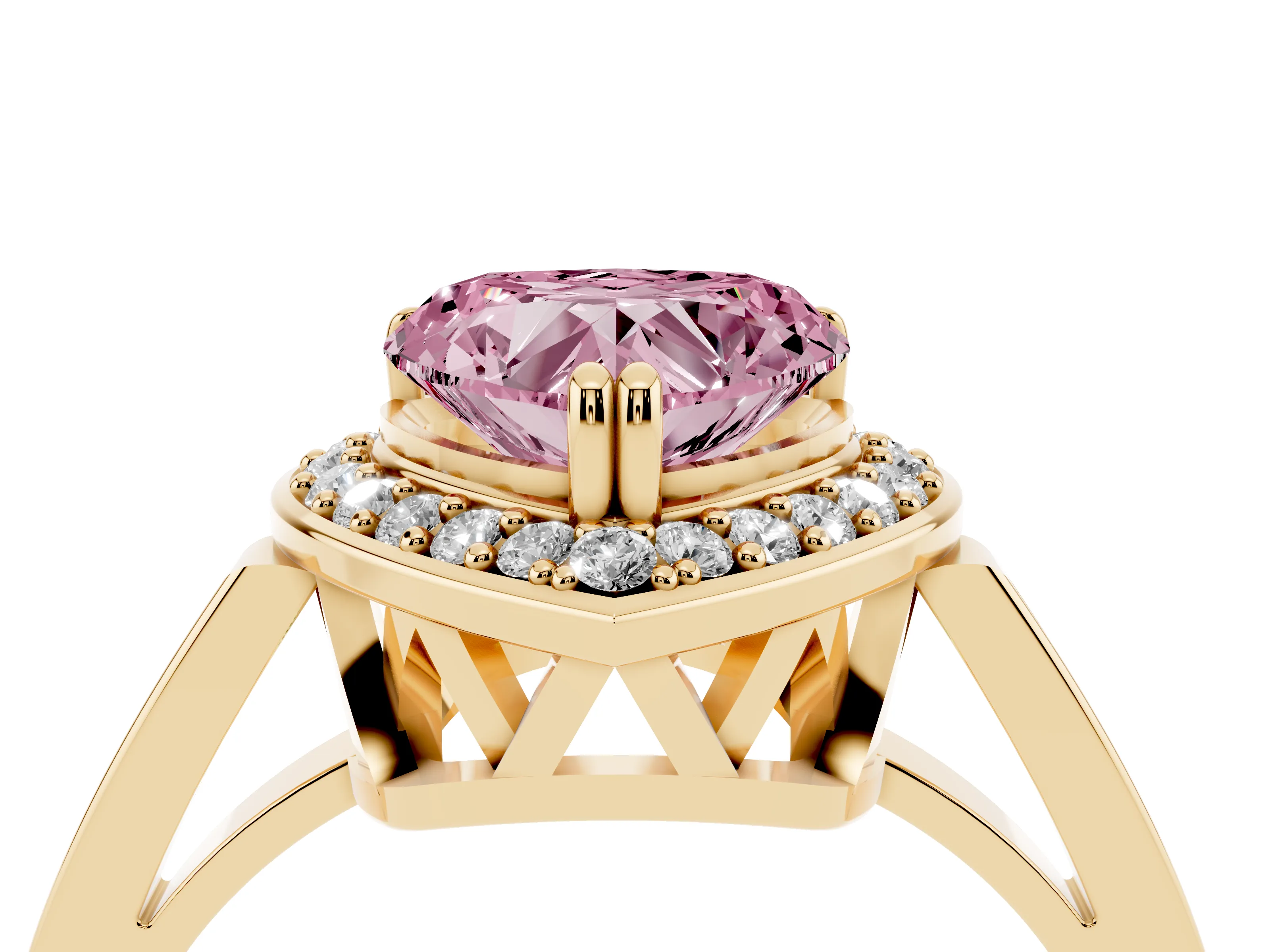 Fancy Pink Heart Cut Diamond Halo Ring Set in Yellow gold with Accent-Lined Split Shank and Prong Setting