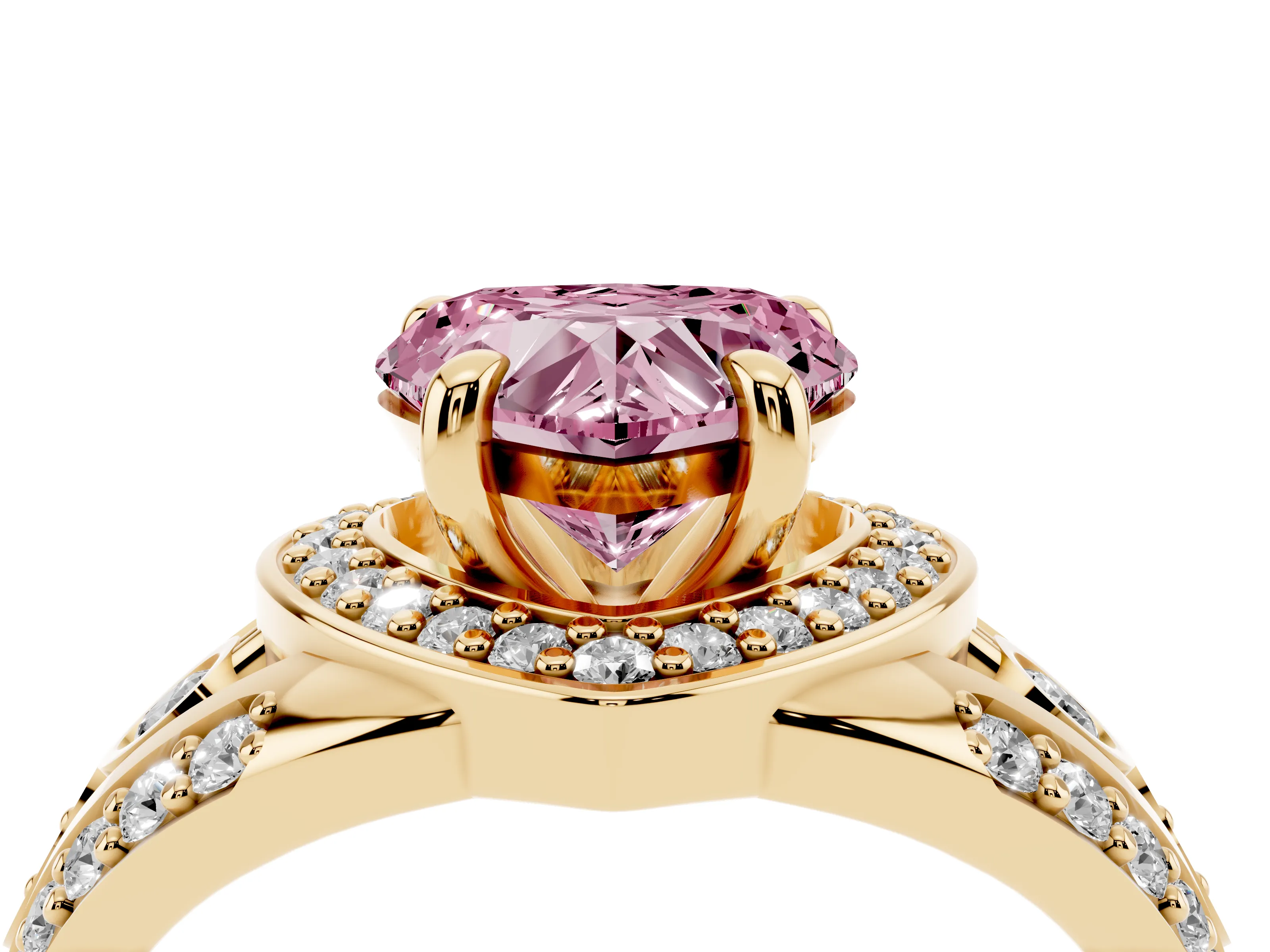 Fancy Pink Heart Cut Diamond Halo Ring Set in Yellow gold with Pavé Split Shank and Bezel Accents