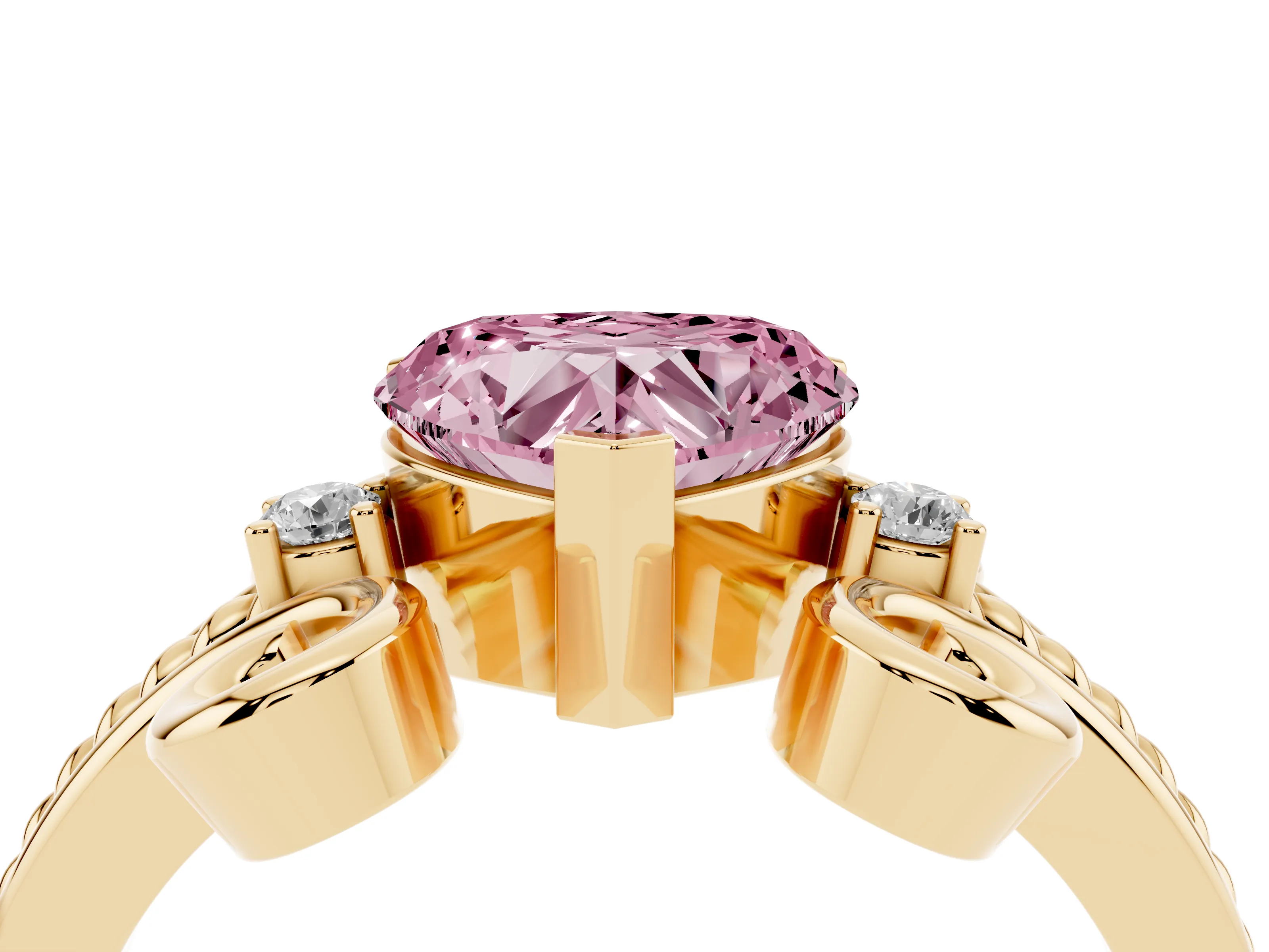 Fancy Pink Heart Cut Diamond Twisted Band Solitaire Ring Set in Yellow gold with Scroll Prongs