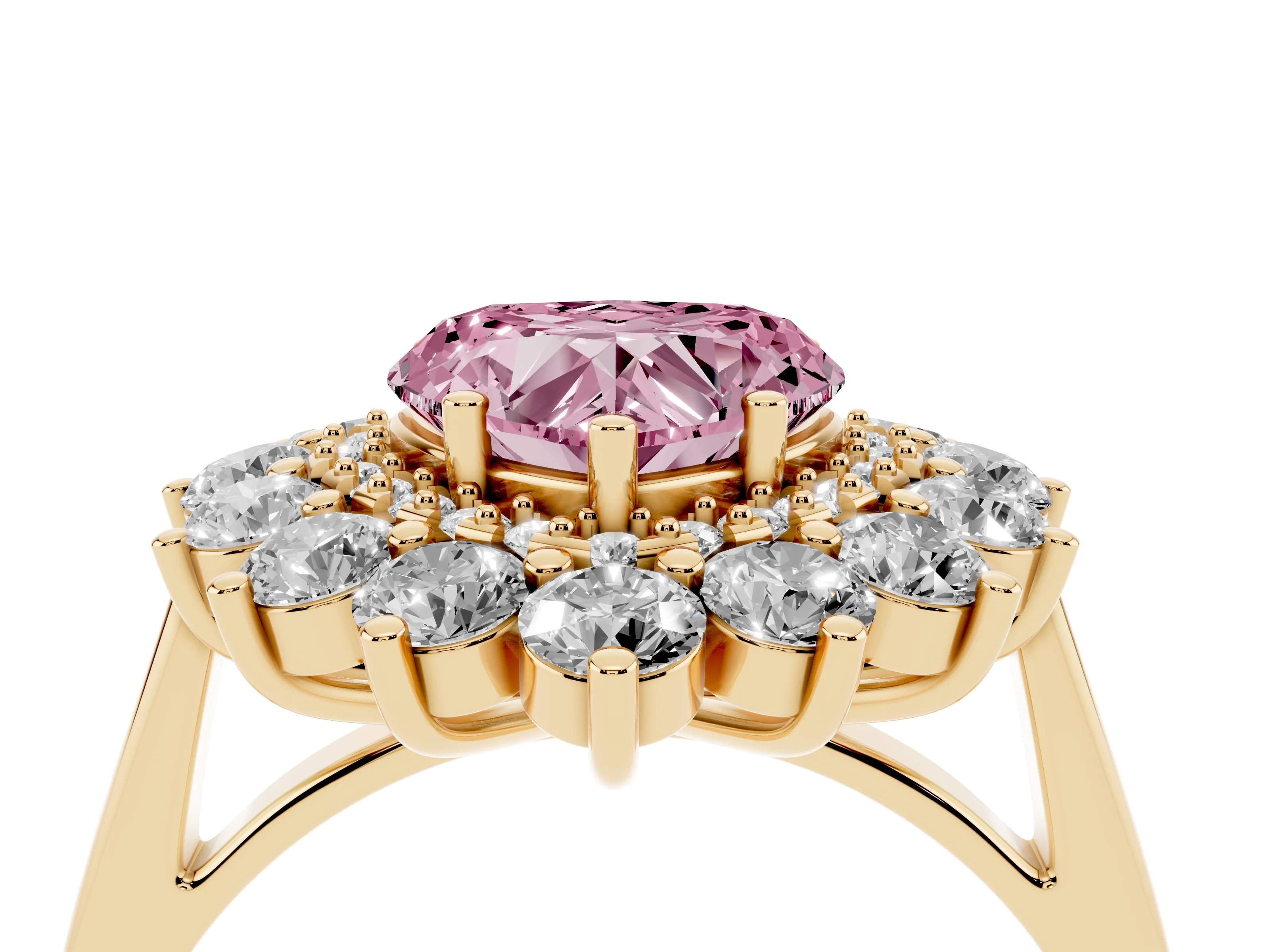 Fancy Pink Heart Cut Diamond Floral Double Halo Ring Set in Yellow gold with Round Petals