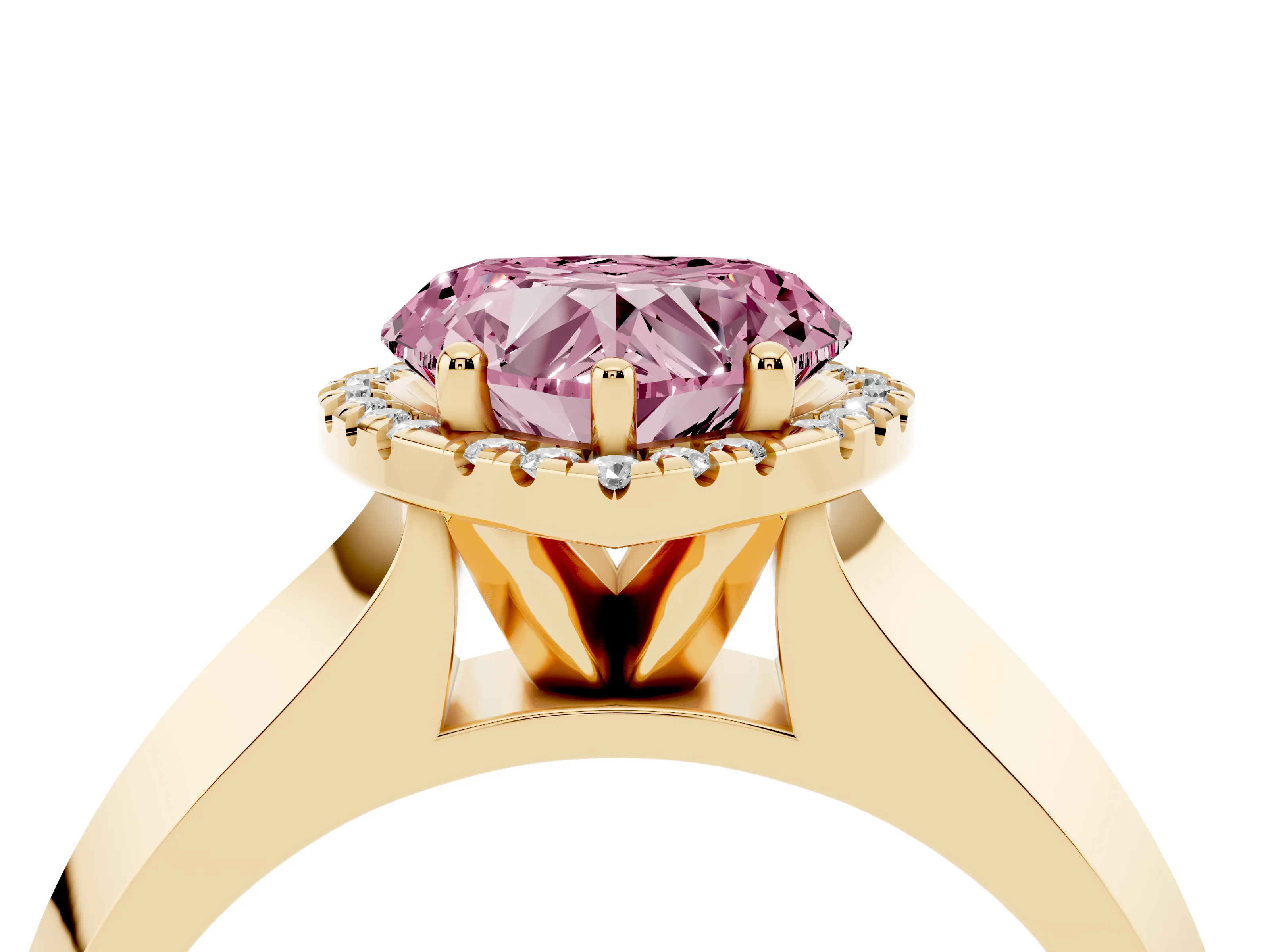 Fancy Pink Heart Cut Diamond Halo Ring Set in Yellow gold with Cathedral Band and Prong Setting