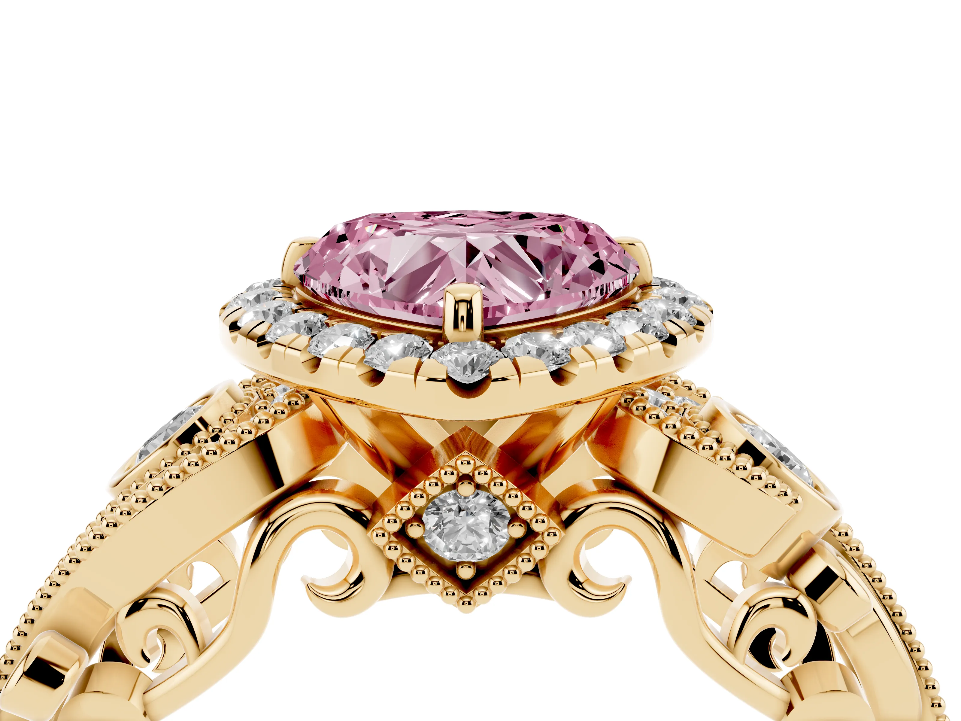 Fancy Pink Heart Cut Diamond Halo Ring Set in Yellow gold with Milgrain Pavé Band and Prong Setting