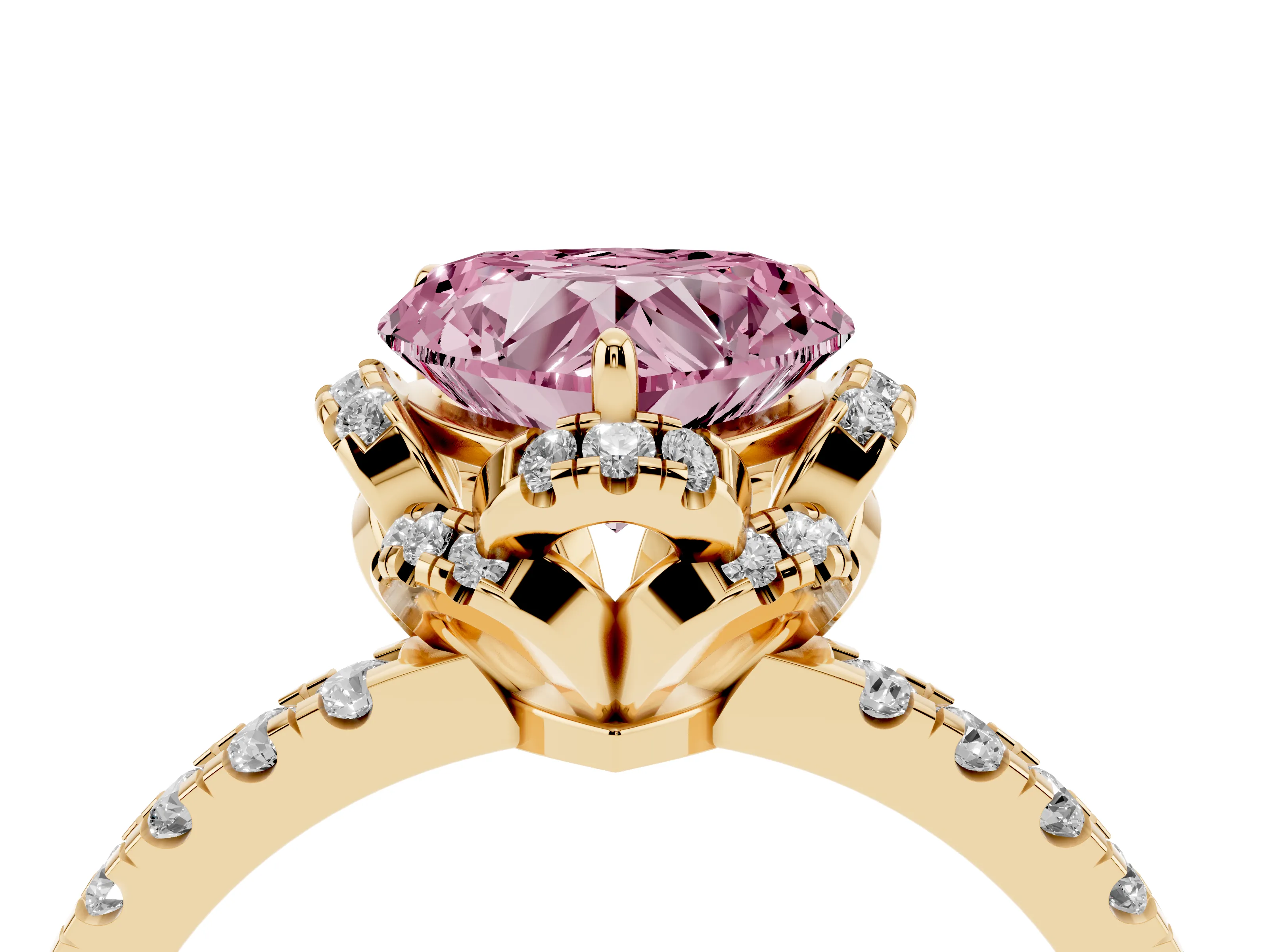 Fancy Pink Heart Cut Diamond Halo Pavé Band Ring Set in Yellow gold with Prong-Held Center