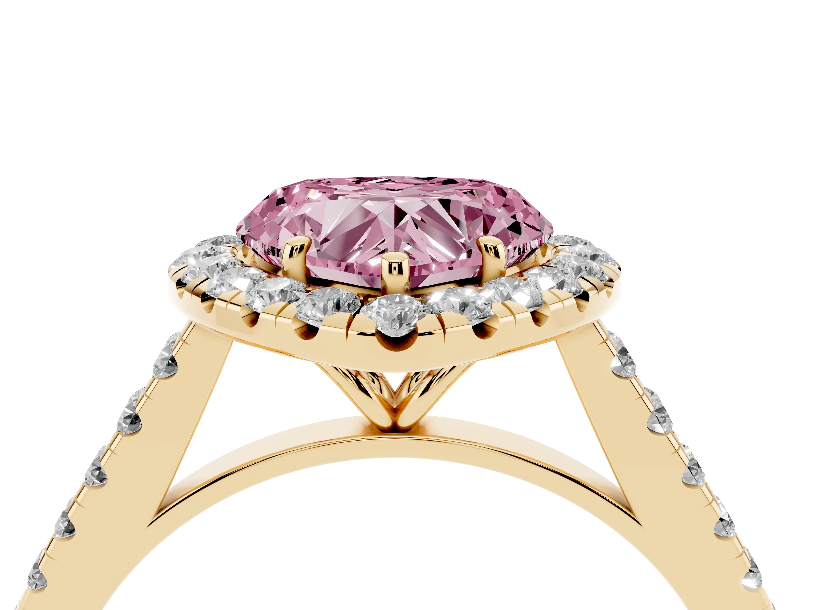 Fancy Pink Heart Cut Diamond Halo Pavé Engagement Ring Set in Yellow gold with Prong Setting
