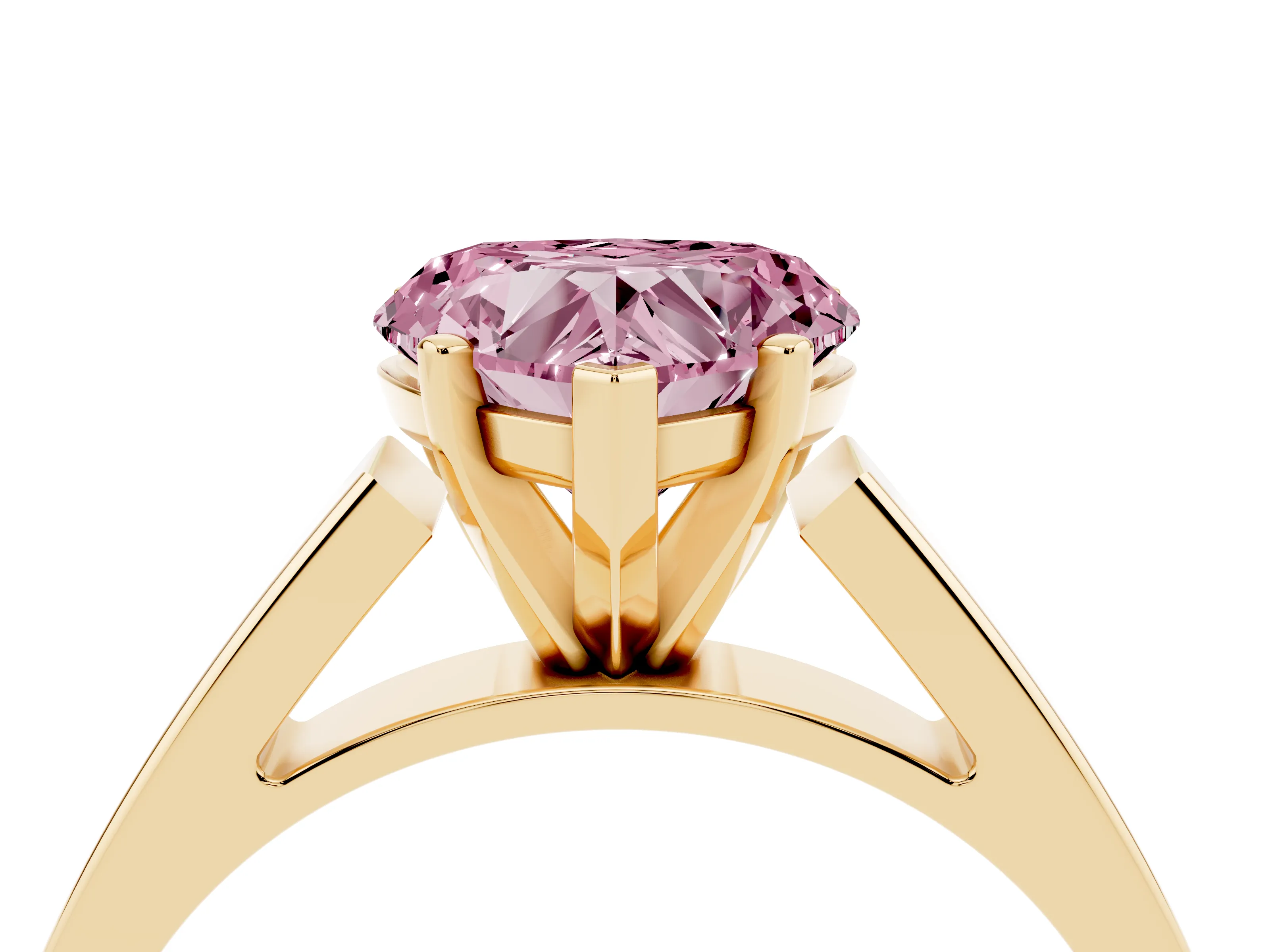 Fancy Pink Heart Cut Diamond Solitaire Engagement Ring Set in Yellow gold with Prong Setting and Tapered Band