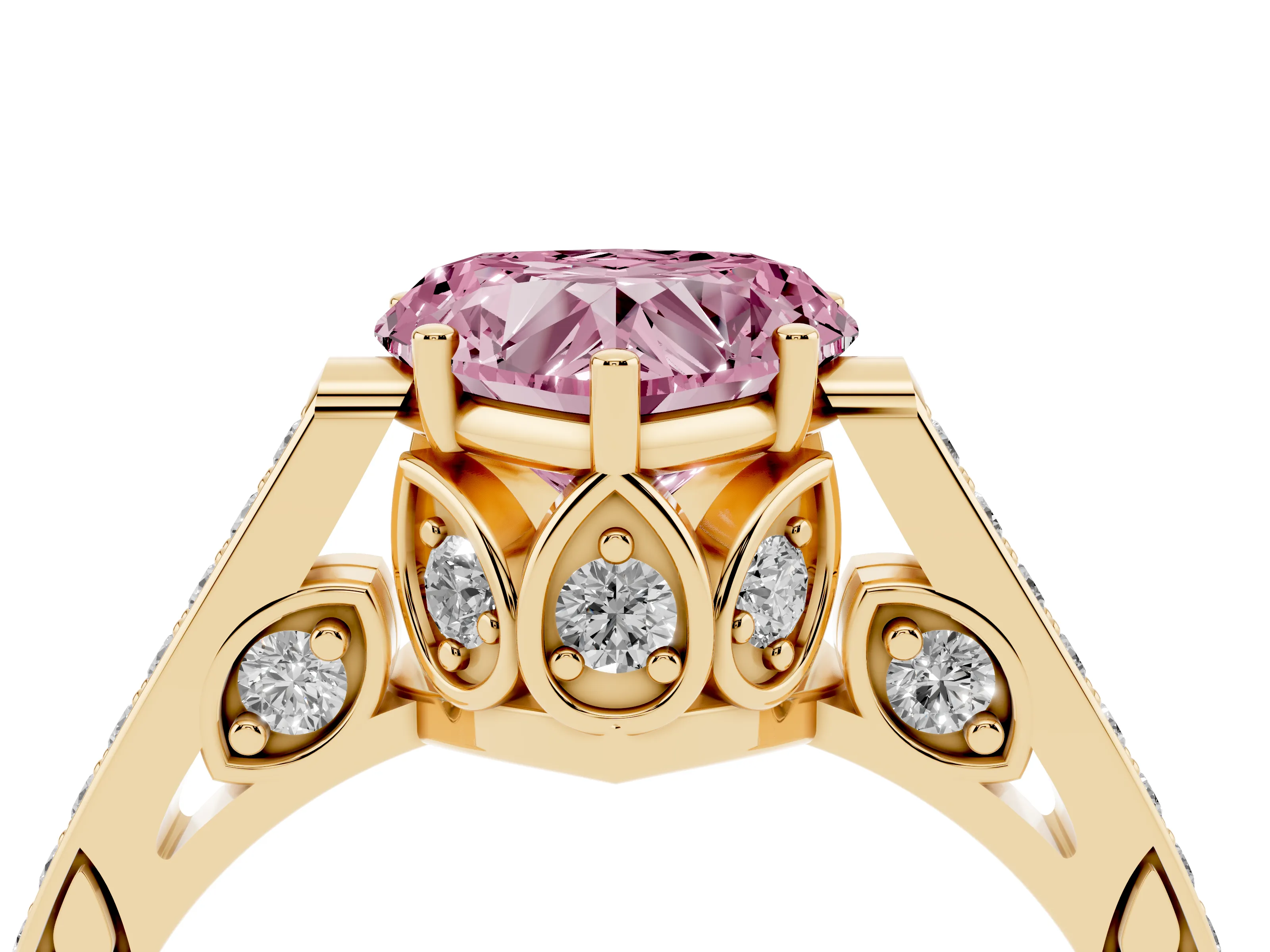 Fancy Pink Heart Cut Diamond Cathedral Pavé Engagement Ring Set in Yellow gold with Prong Setting
