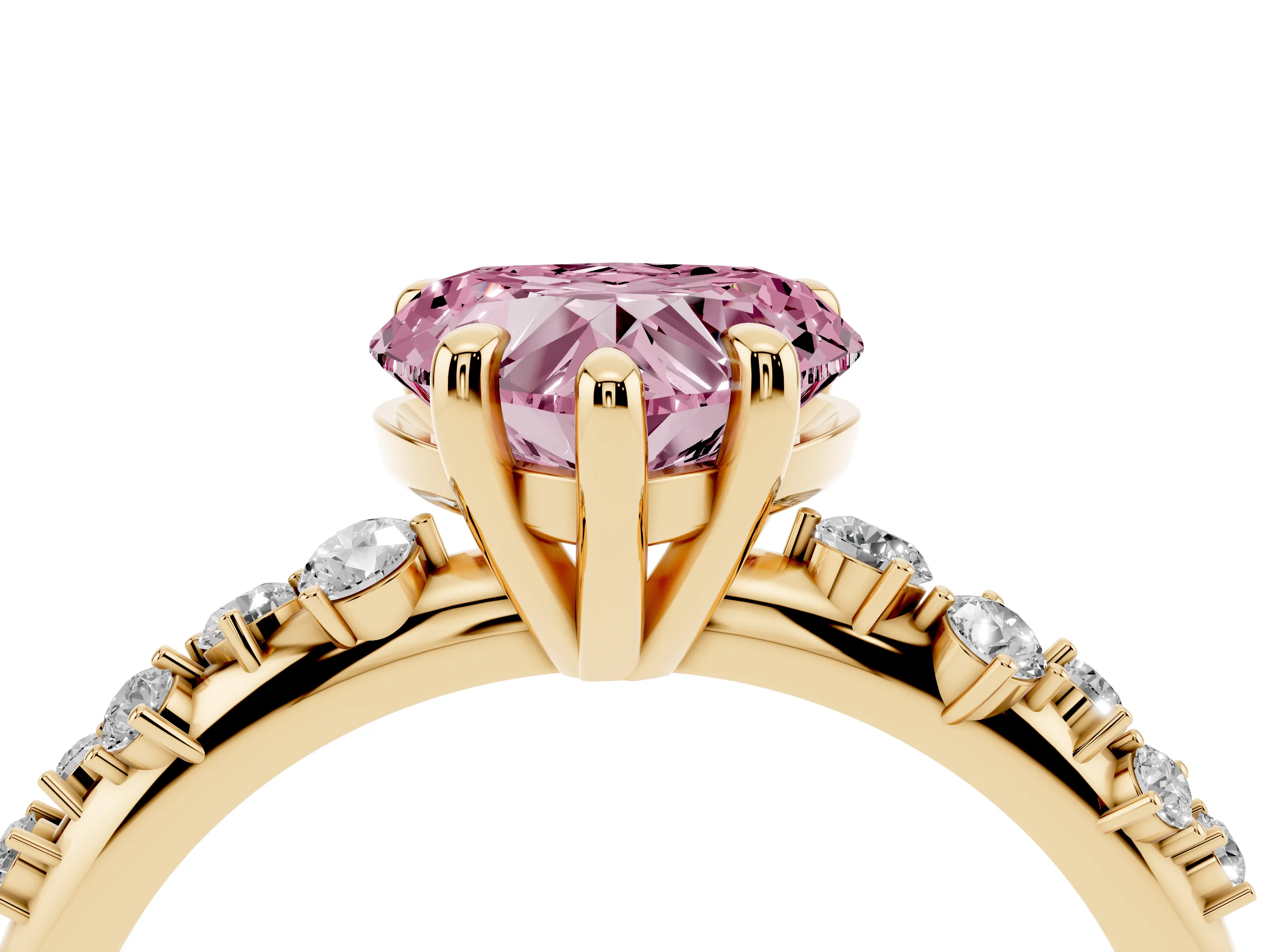 Fancy Pink Heart Cut Diamond Solitaire Vine Band Ring Set in Yellow gold with Round Accents and Prong Setting