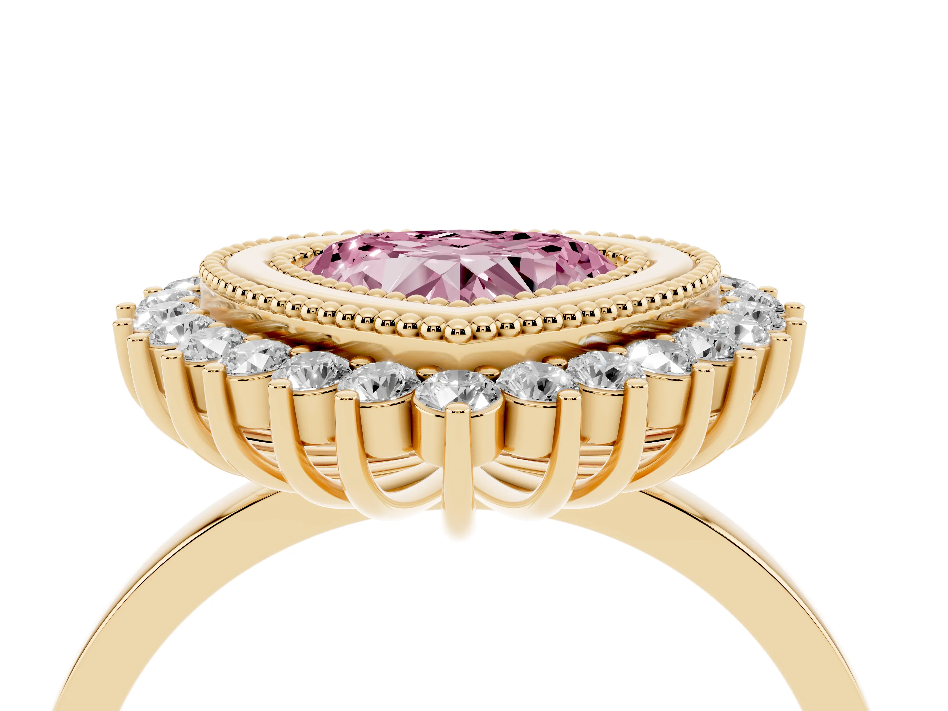 Fancy Pink Heart Cut Diamond Halo Ring Set in Yellow gold with Milgrain Edge and Round Prong Setting