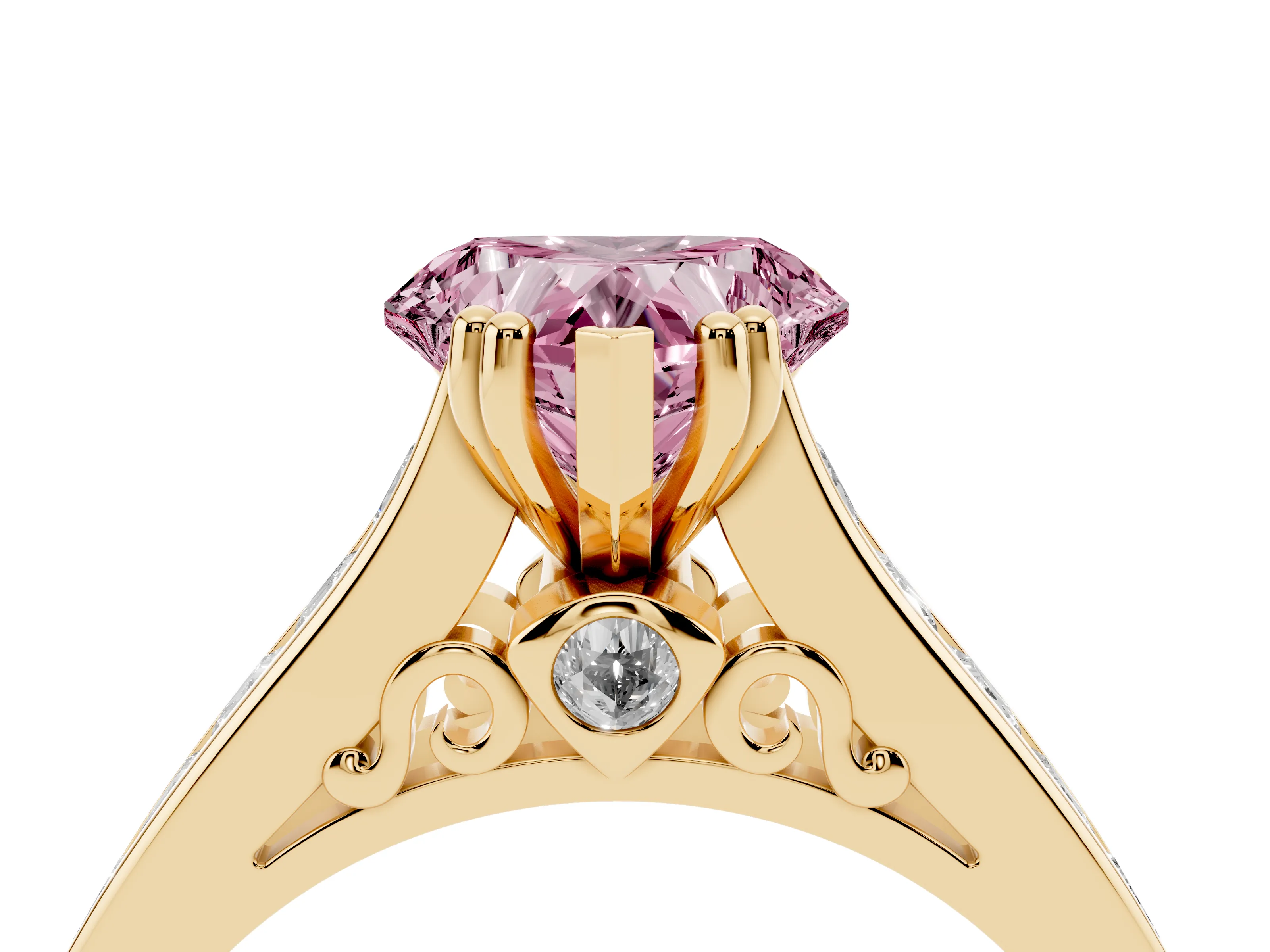 Fancy Pink Heart Cut Diamond Channel Set Solitaire Engagement Ring Set in Yellow gold with Prong Setting