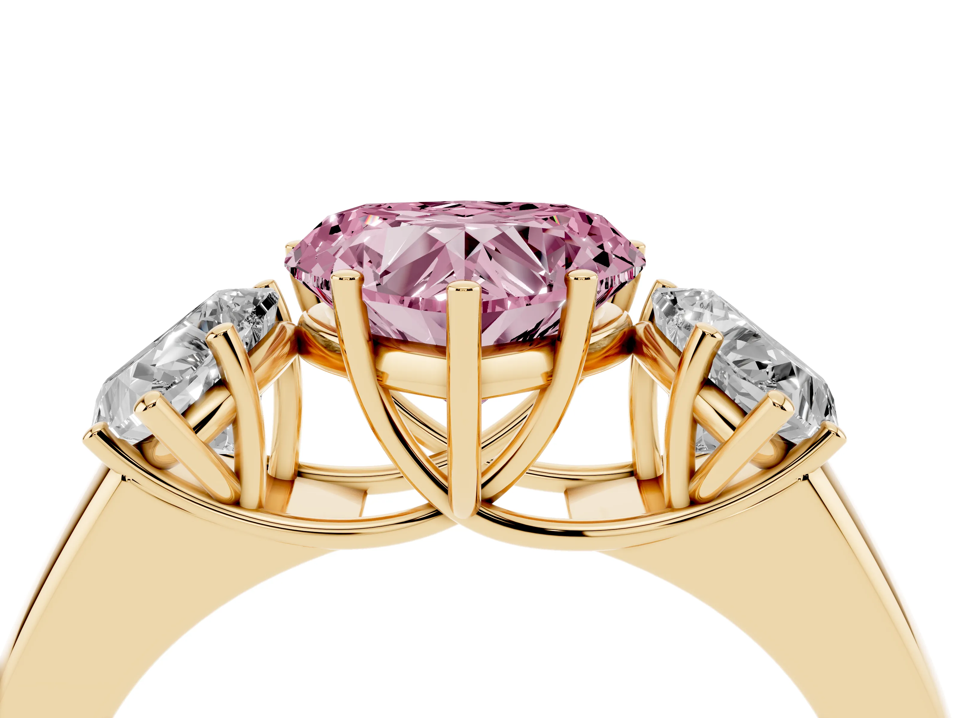 Fancy Pink Three-Stone Heart Cut Diamond Ring Set in Yellow gold with Matching Prong Settings and Plain Band
