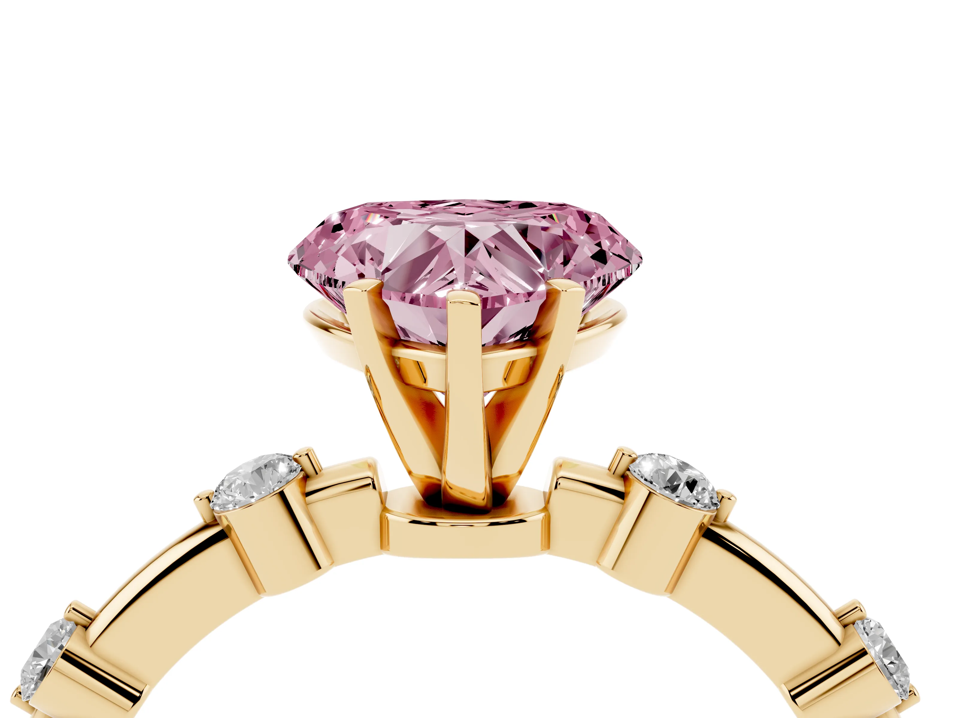 Fancy Pink Heart Cut Diamond Solitaire Ring Set in Yellow gold with Bezel Set Side Stones and Prong Setting