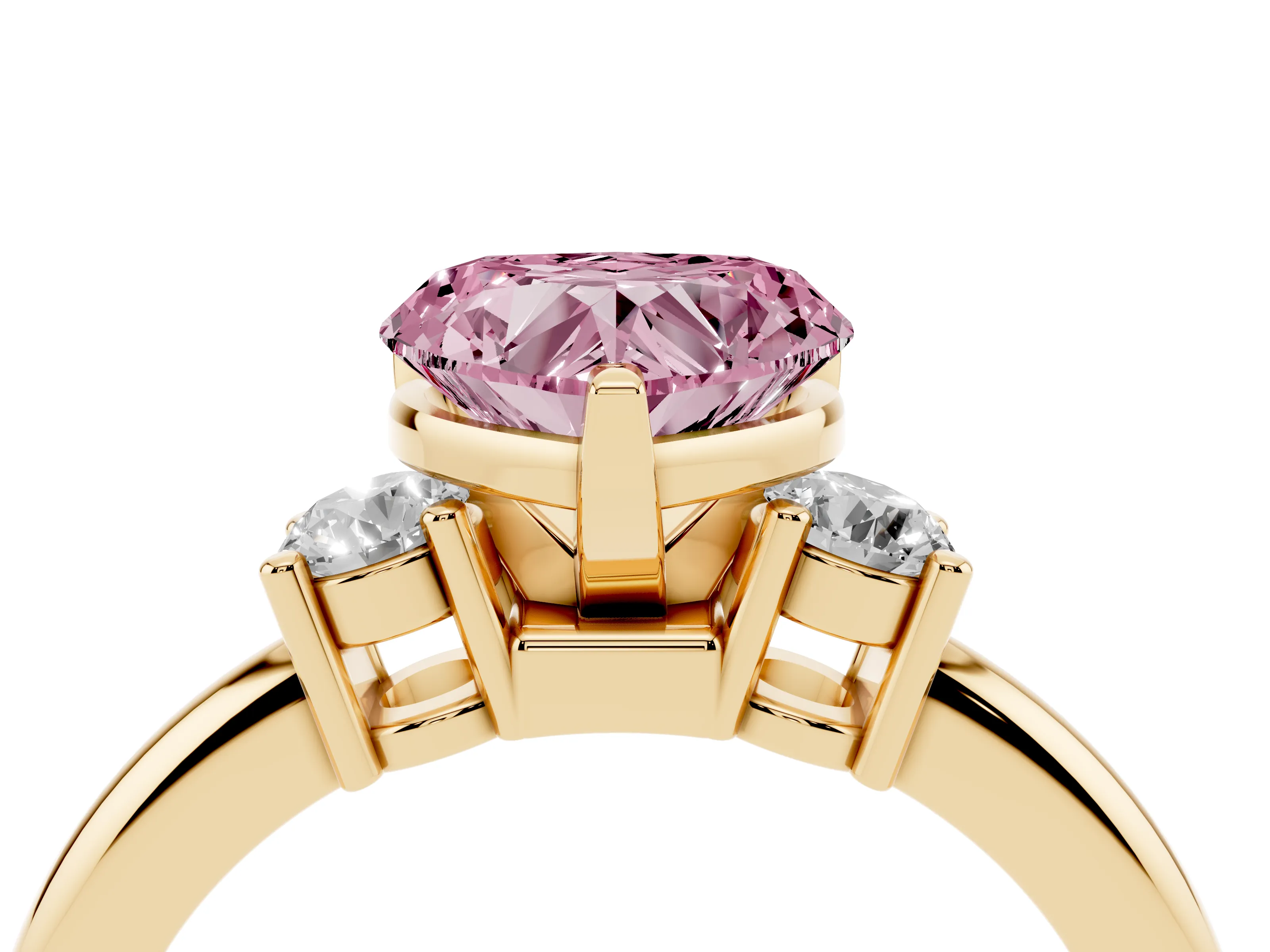 Fancy Pink Three-Stone Heart Cut Diamond Ring Set in Yellow gold with Prong Setting and Plain Band