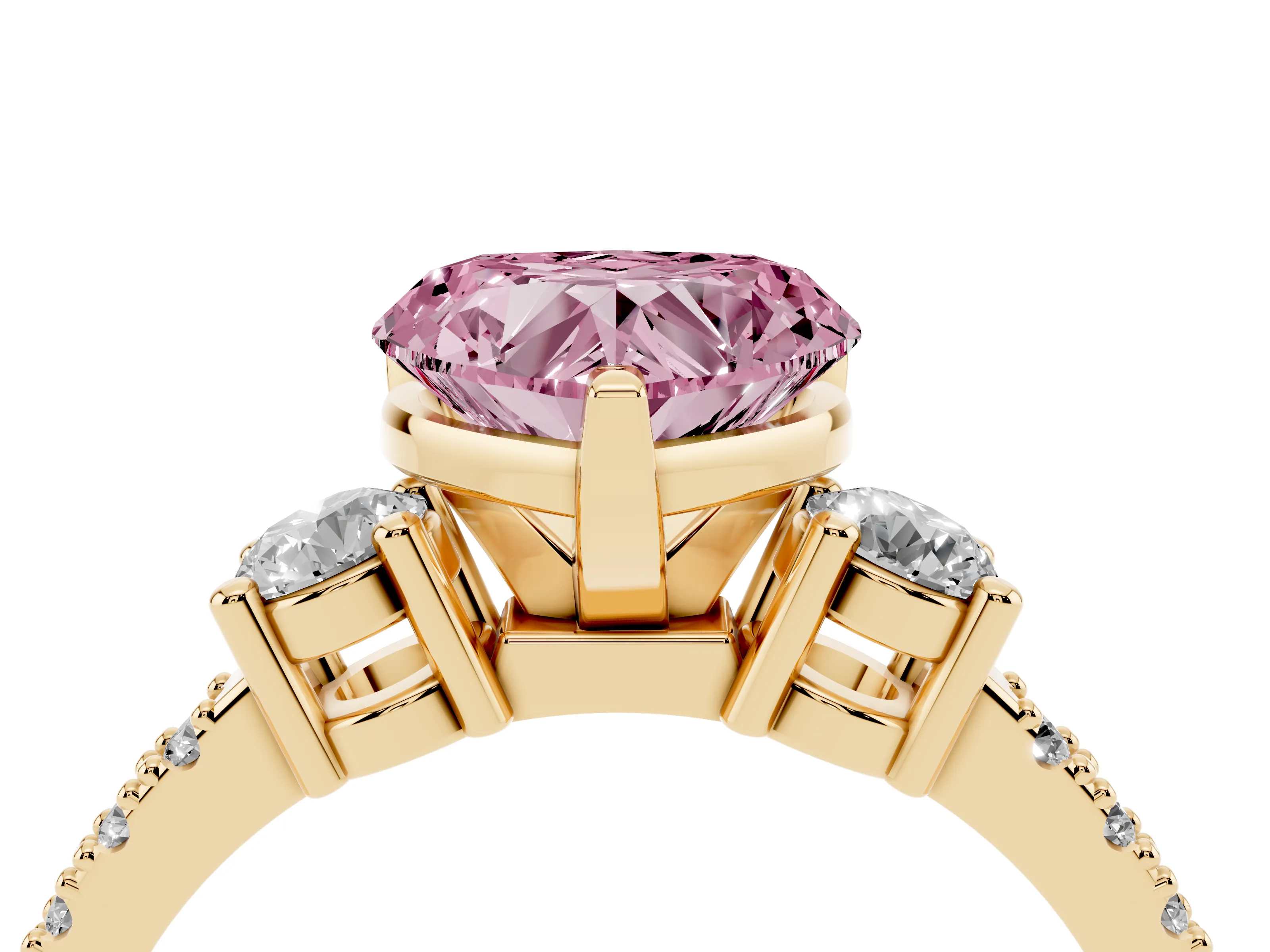 Fancy Pink Three-Stone Heart Cut Diamond Pavé Band Ring Set in Yellow gold with Prong Setting