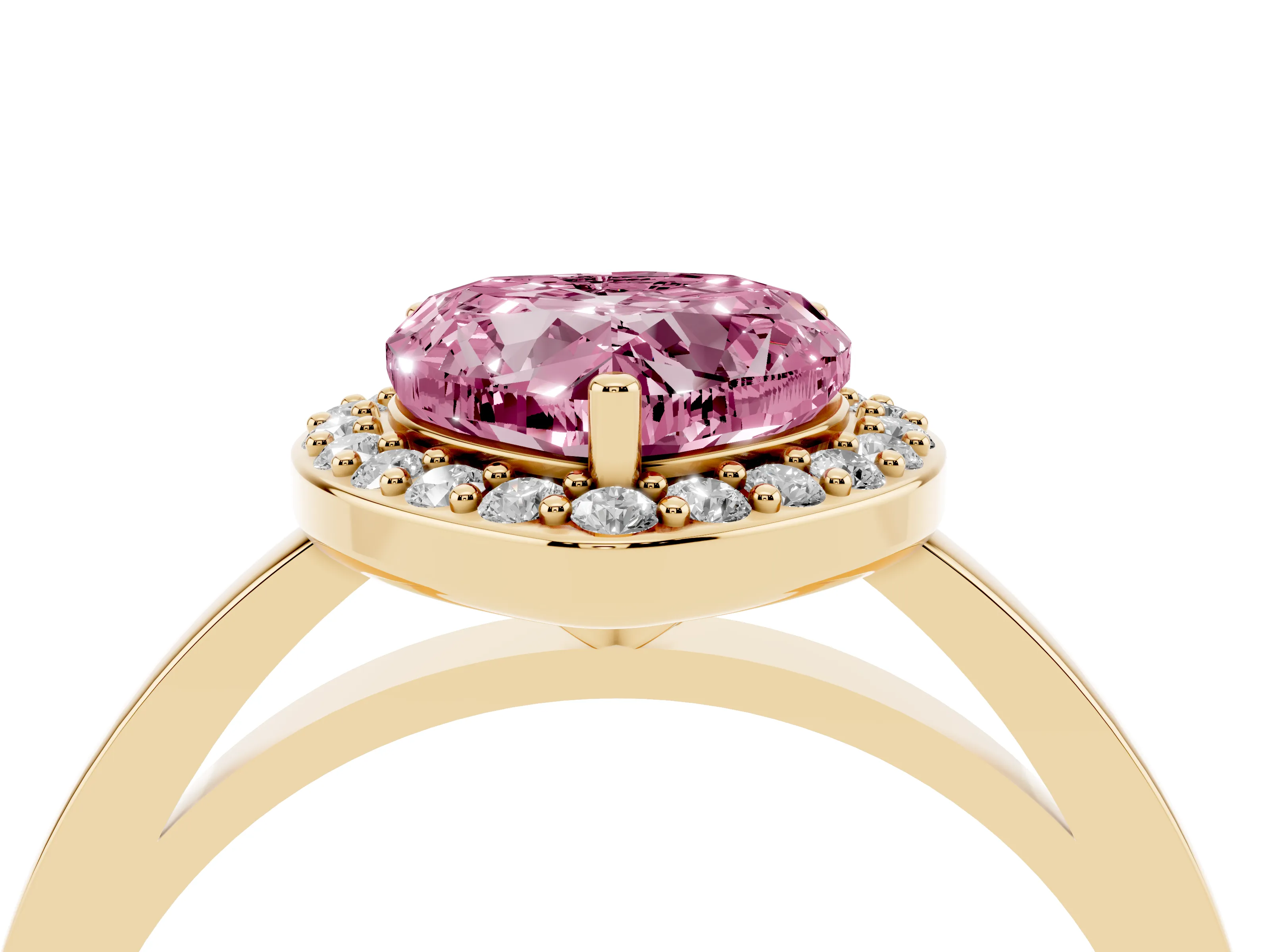 Fancy Pink Heart Cut Diamond Halo Ring Set in Yellow gold with Solitaire Band and Prong Setting
