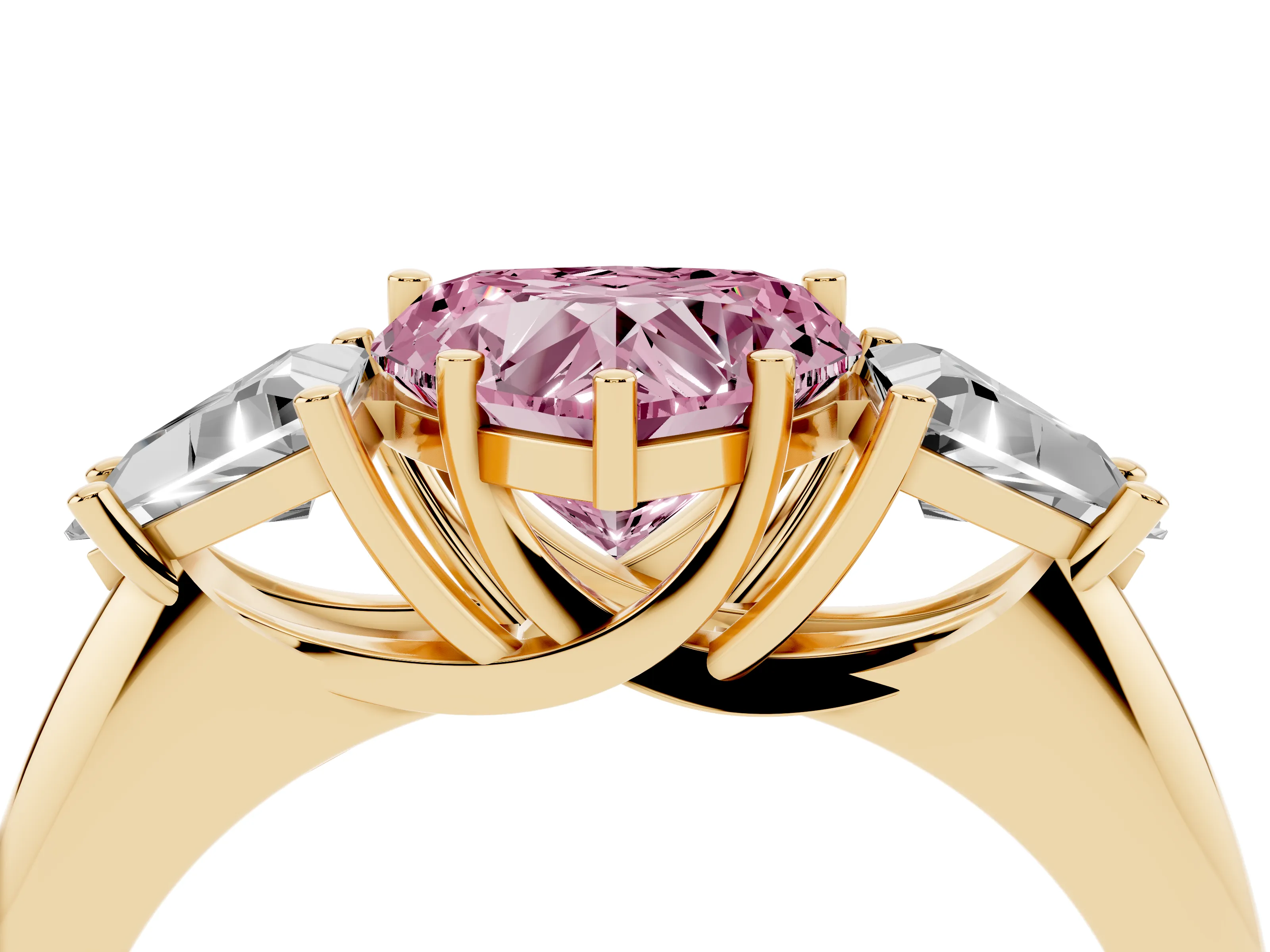Fancy Pink Heart Cut Diamond Three-Stone Engagement Ring Set in Yellow gold with Trillion Side Stones