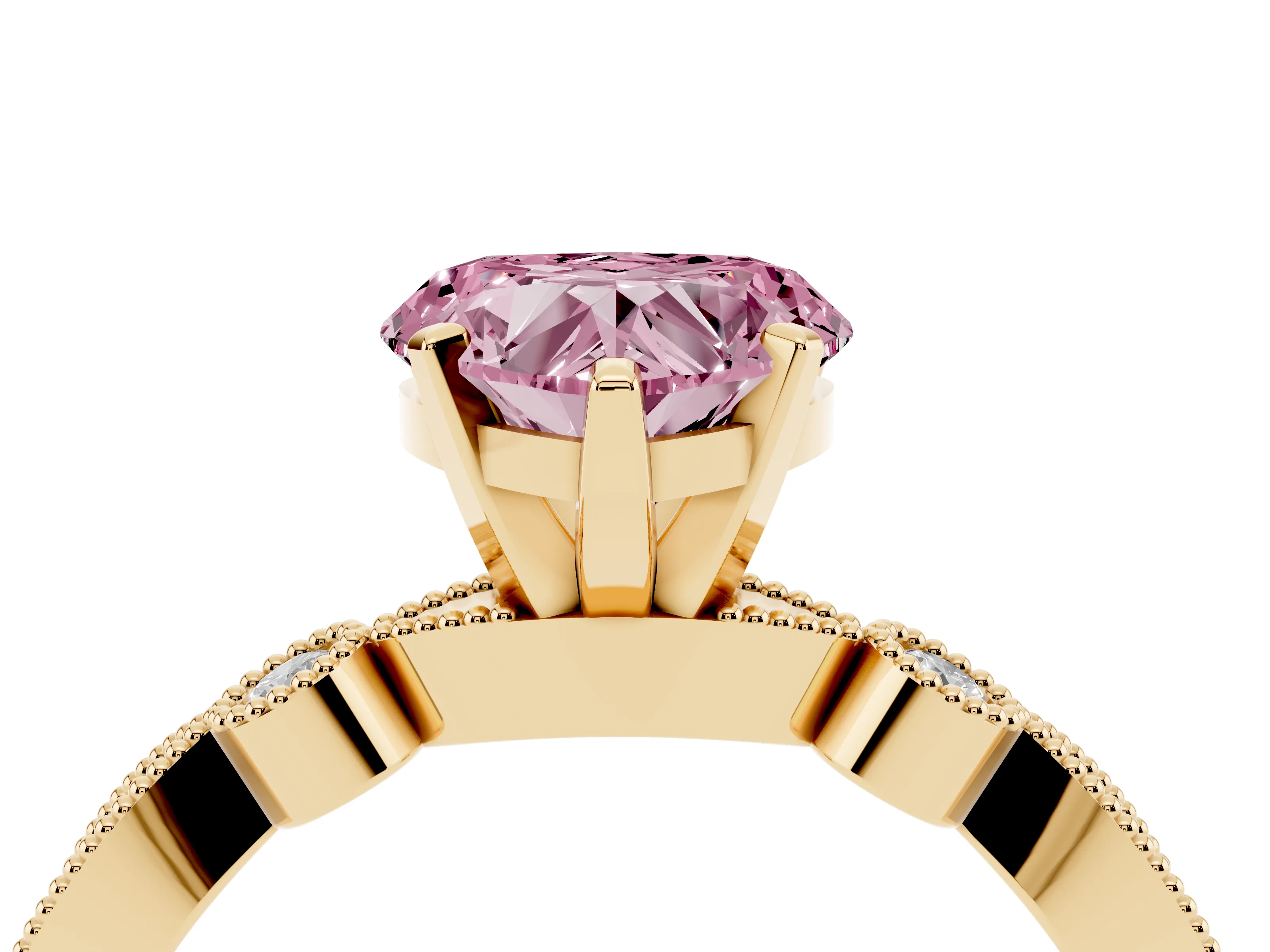 Fancy Pink Heart Cut Diamond Solitaire Engagement Ring Set in Yellow gold with Milgrain Bezel Accent Band