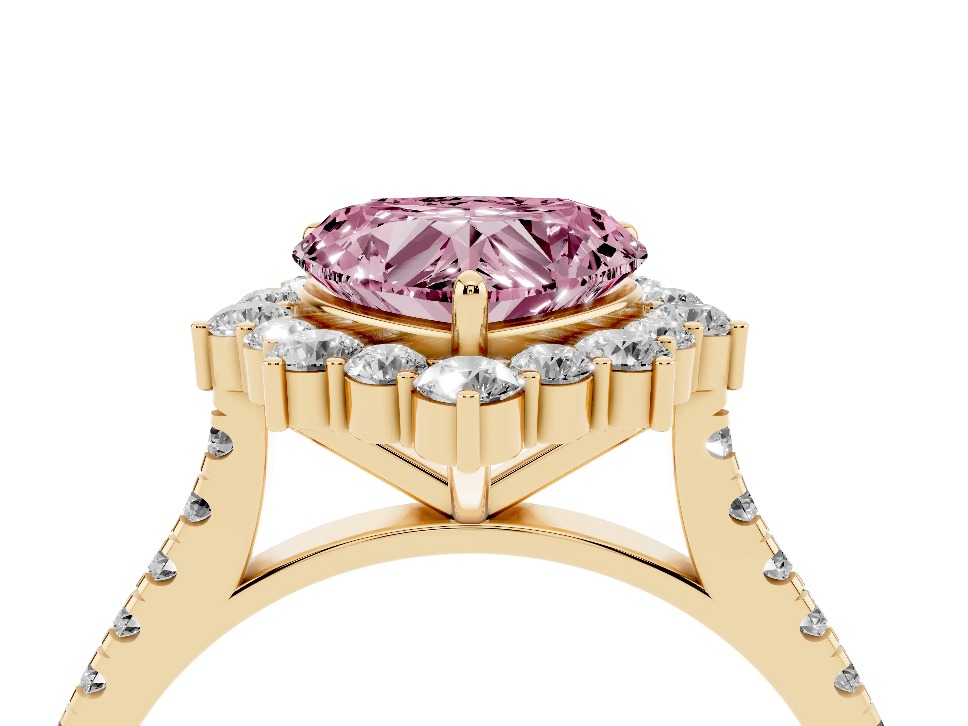 Fancy Pink Heart Cut Diamond Halo Ring Set in Yellow gold with Pavé Band and Prong Setting