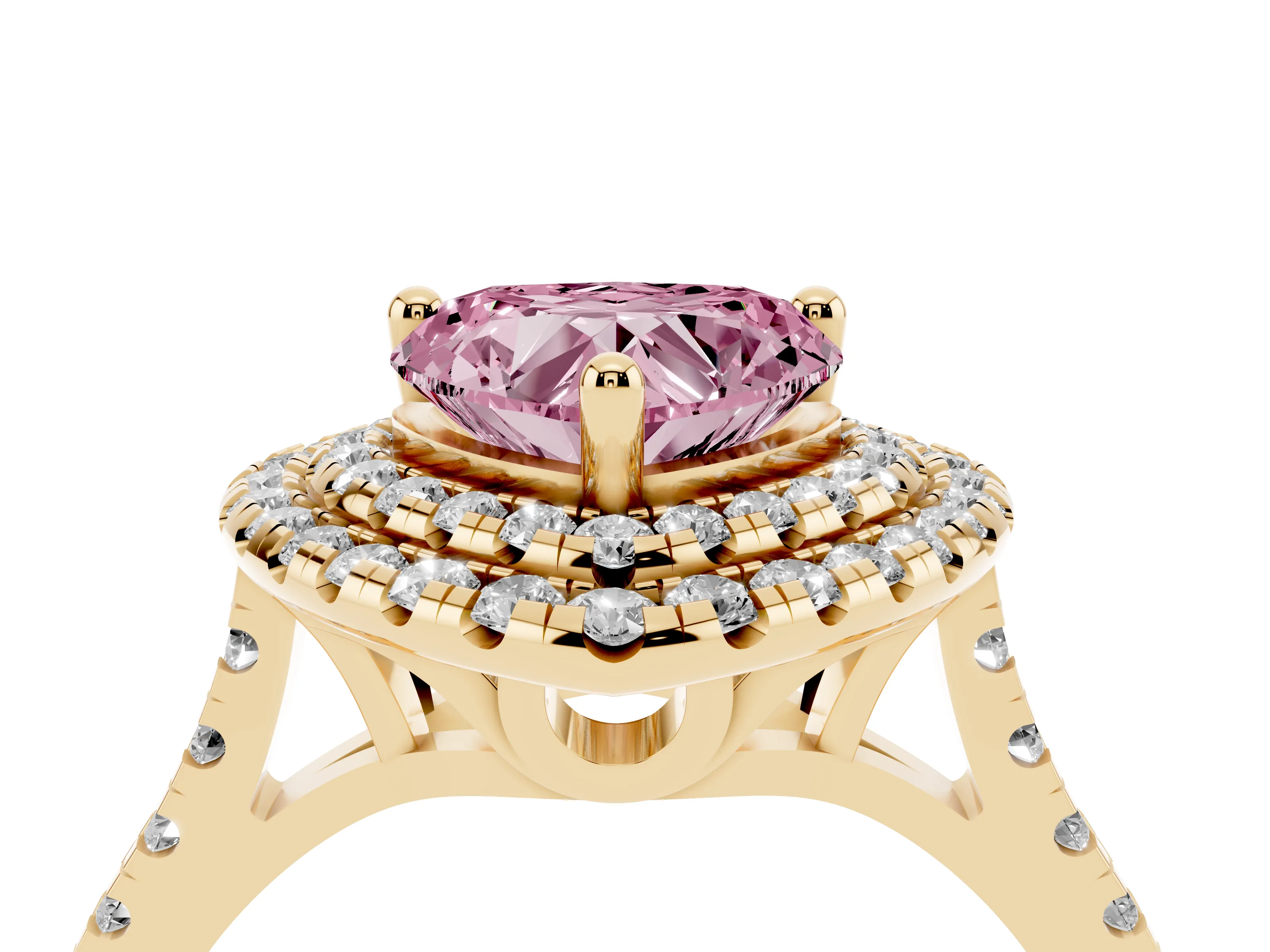 Fancy Pink Heart Cut Diamond Double Halo Statement Ring Set in Yellow gold with Pavé Band