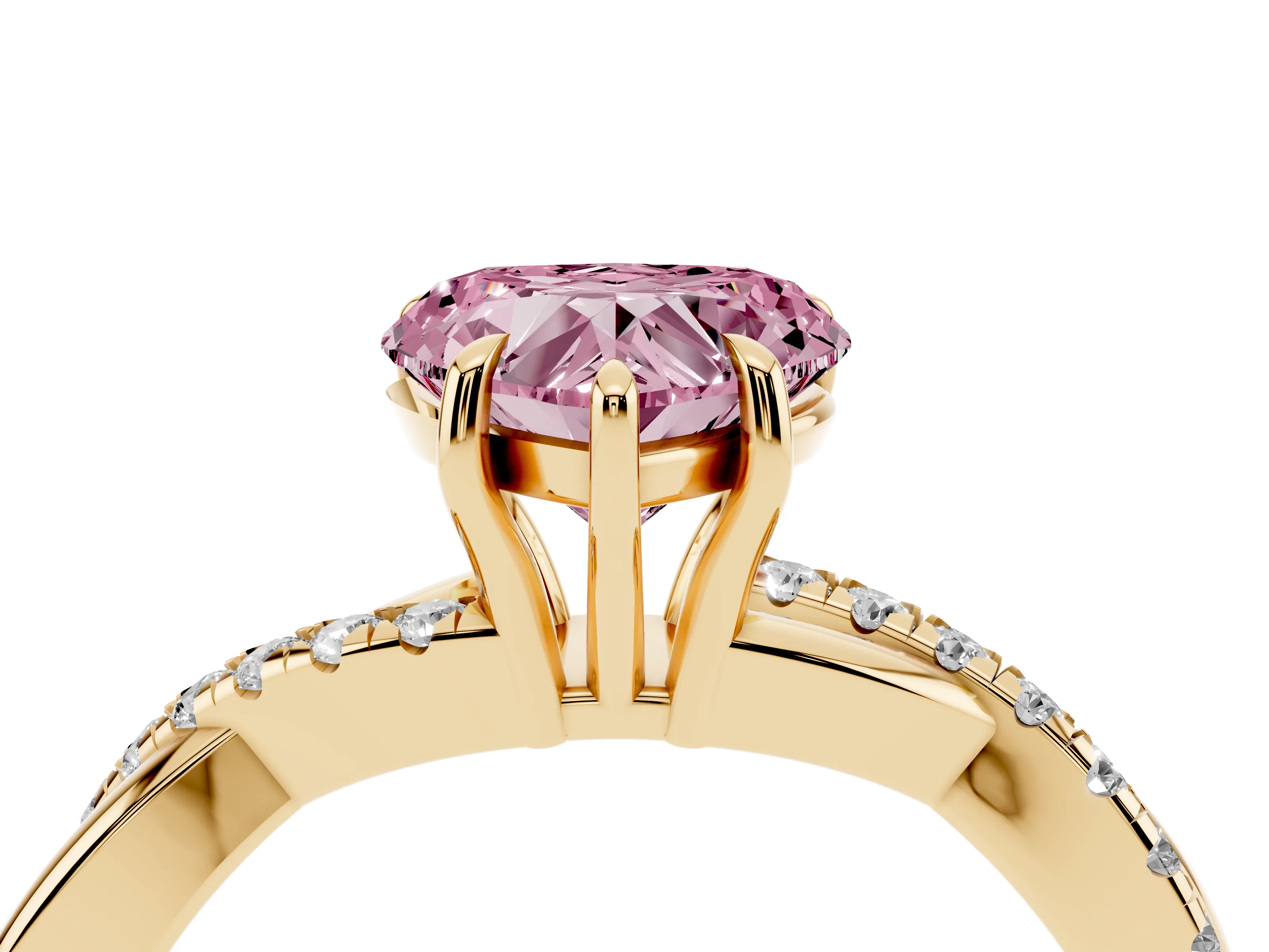 Fancy Pink Heart Cut Diamond Twisted Pavé Band Ring Set in Yellow gold with Prong Setting
