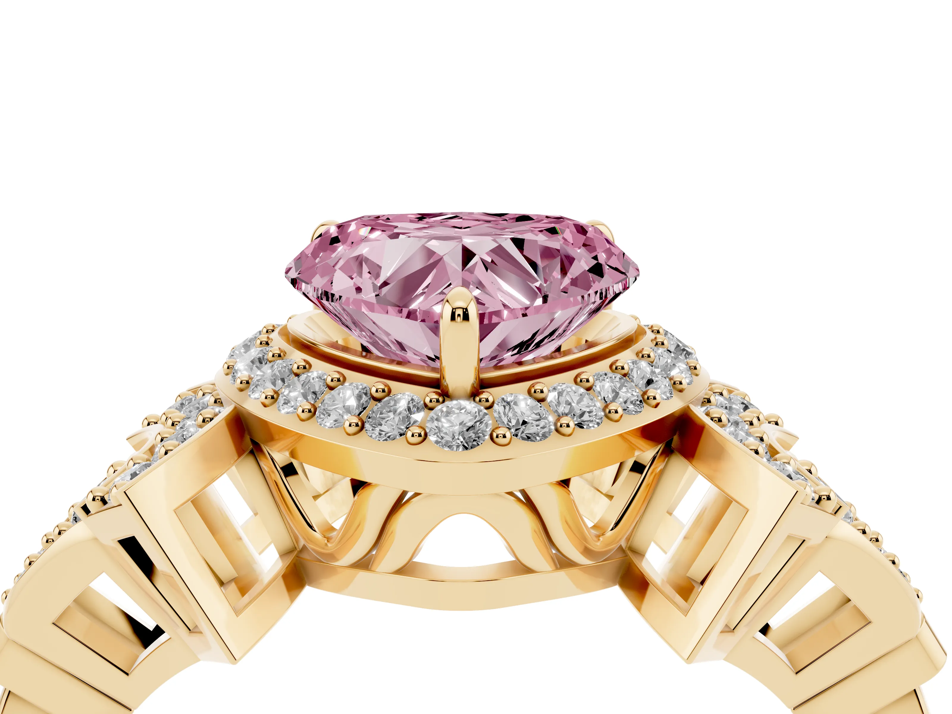 Fancy Pink Heart Cut Diamond Halo Engagement Ring Set in Yellow gold with Accent Stone Split Shank