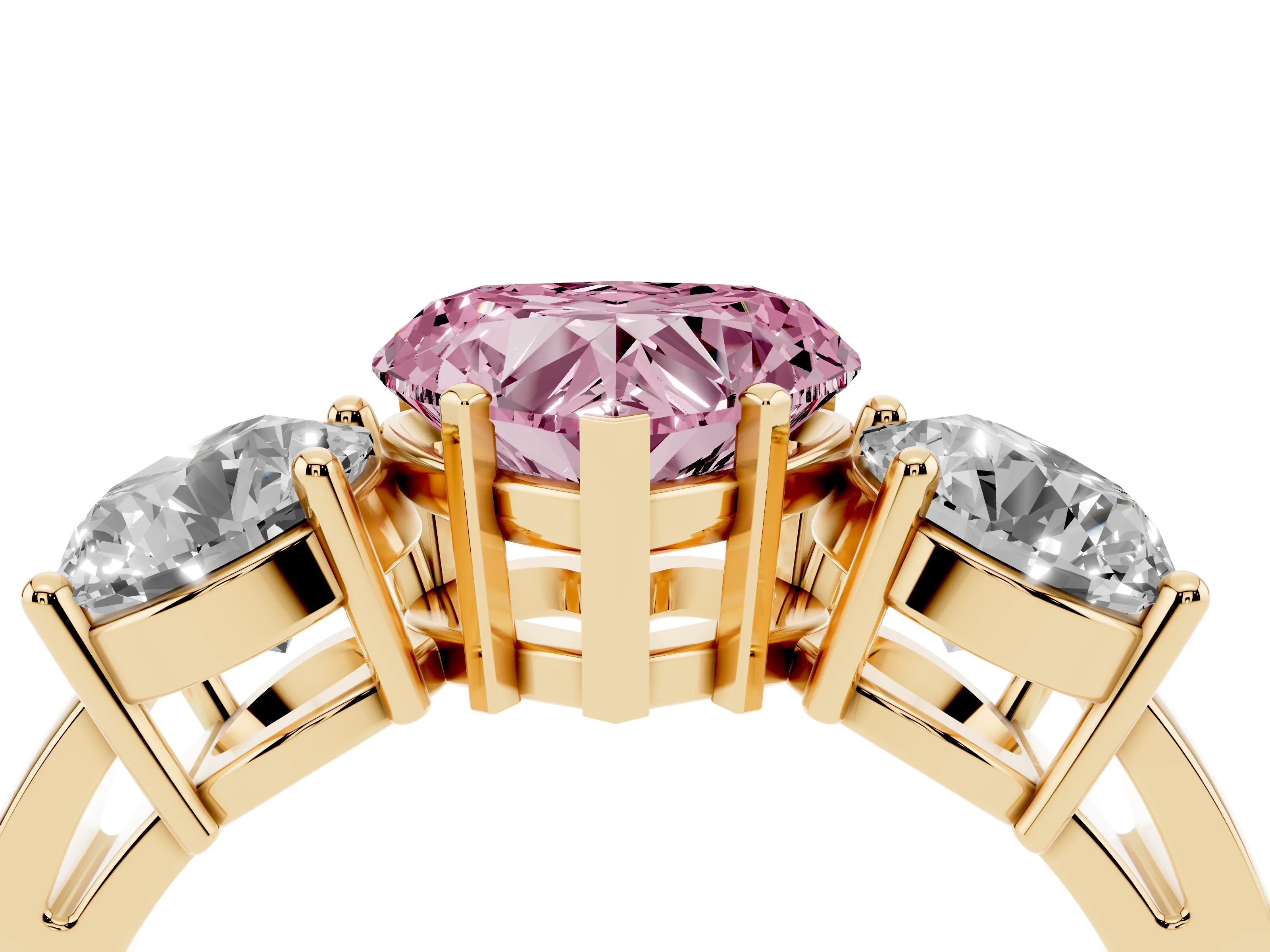 Fancy Pink Heart Cut Diamond Three-Stone Ring Set in Yellow gold with Round Side Stones and Classic Band