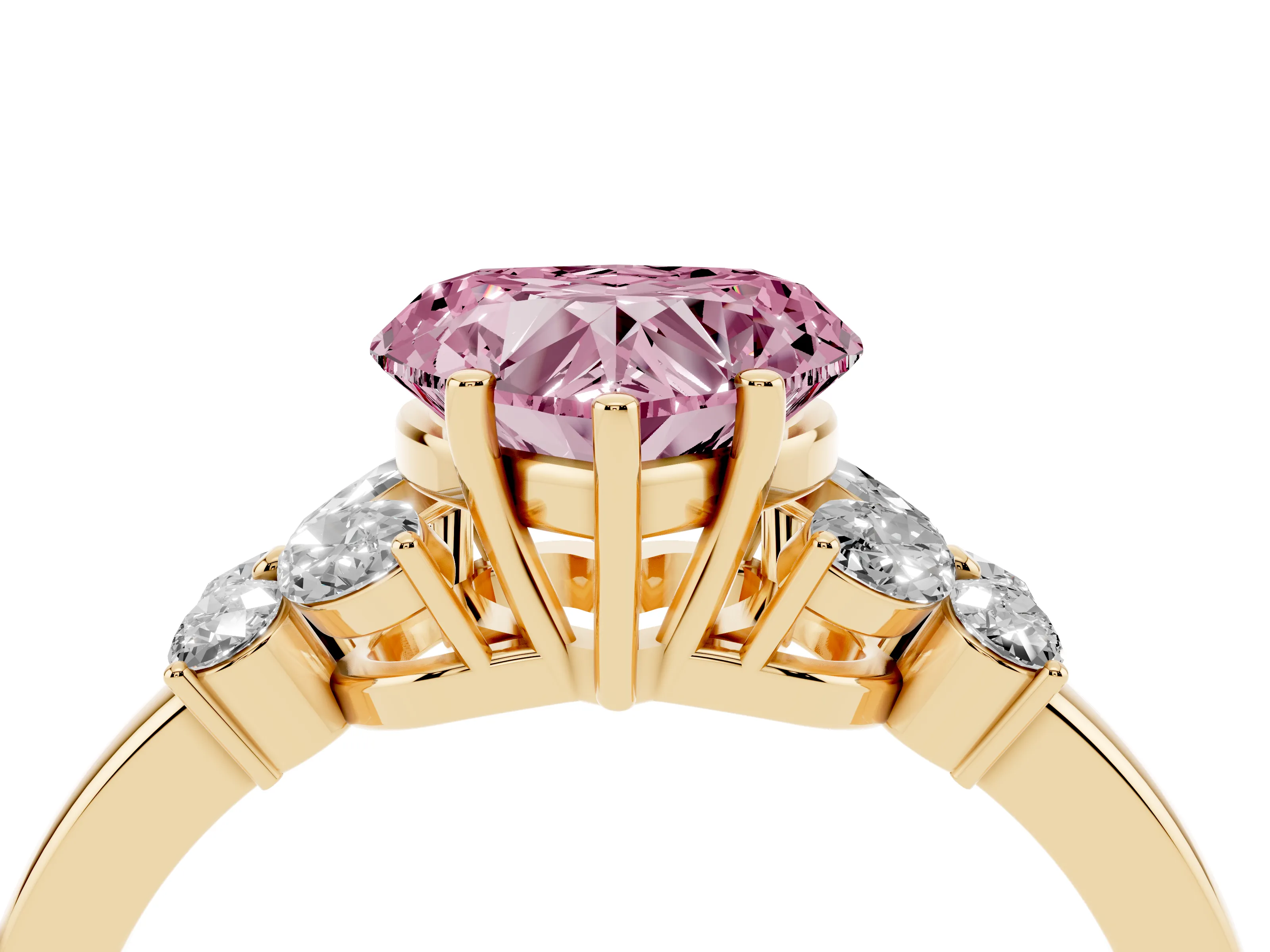 Fancy Pink Heart Cut Diamond Solitaire Floral Ring Set in Yellow gold with Marquise Petals and Prong Setting