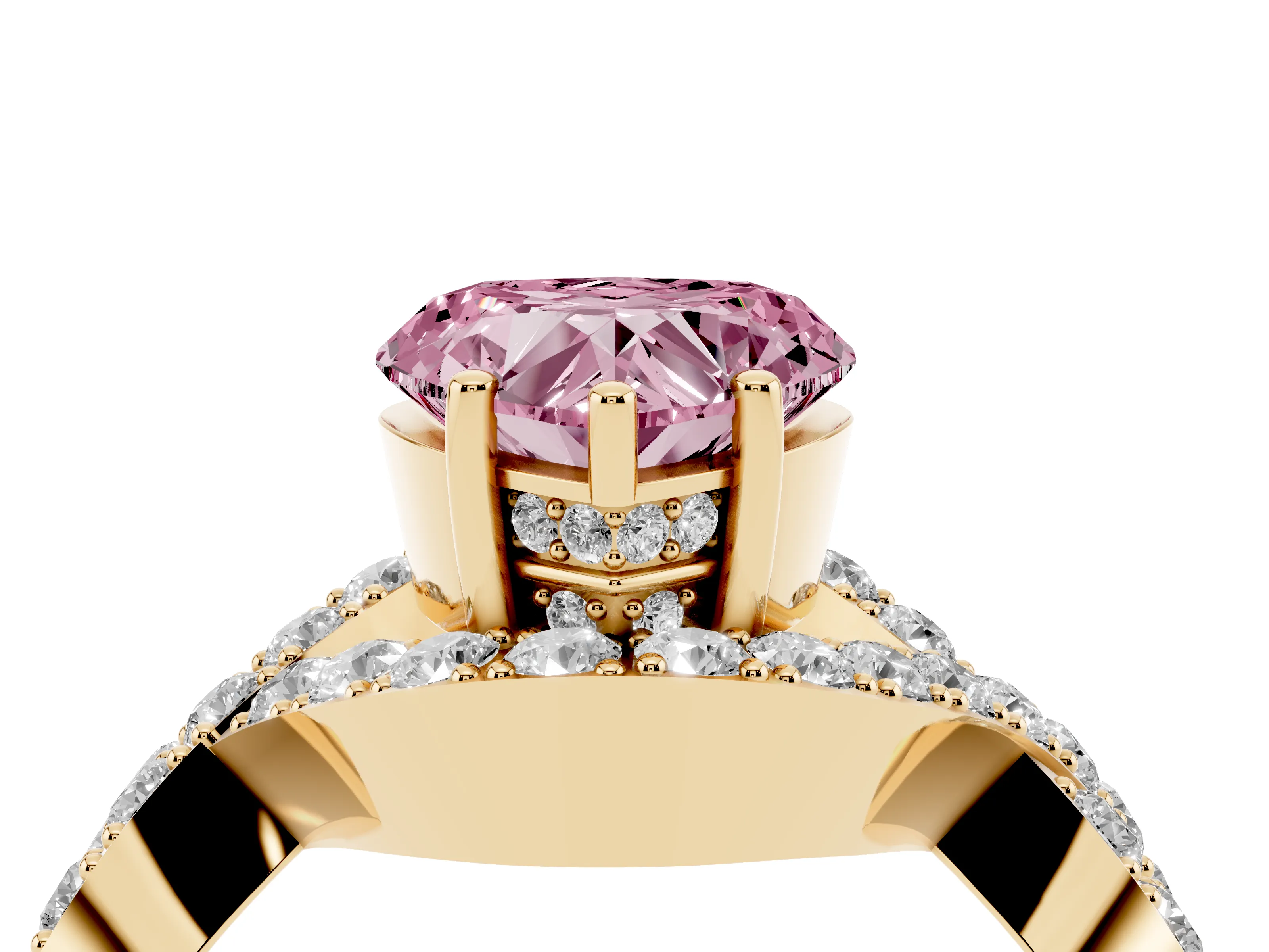 Fancy Pink Heart Cut Diamond Solitaire Twist Band Pavé Engagement Ring Set in Yellow gold