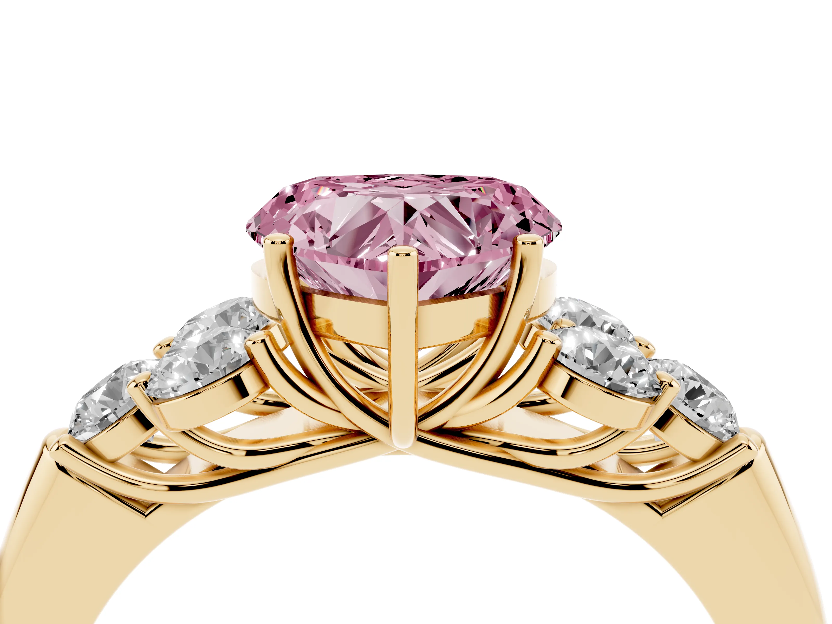 Fancy Pink Heart Cut Diamond Cluster Ring Set in Yellow gold with Round Accent Stones and Prong Setting on a Plain Band