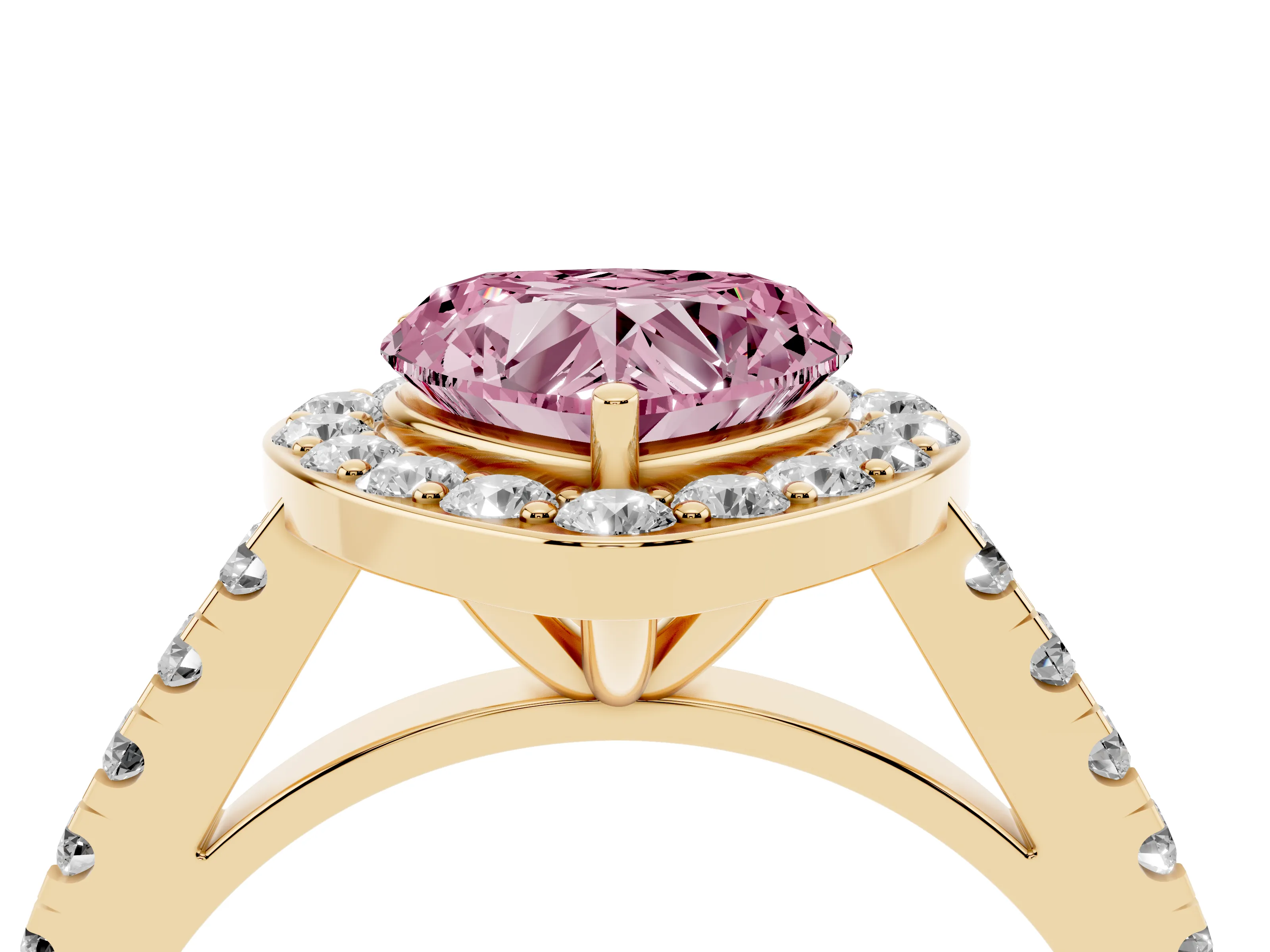 Fancy Pink Heart Cut Diamond Halo Ring Set in Yellow gold with Round Pavé Split Shank and Prong Setting