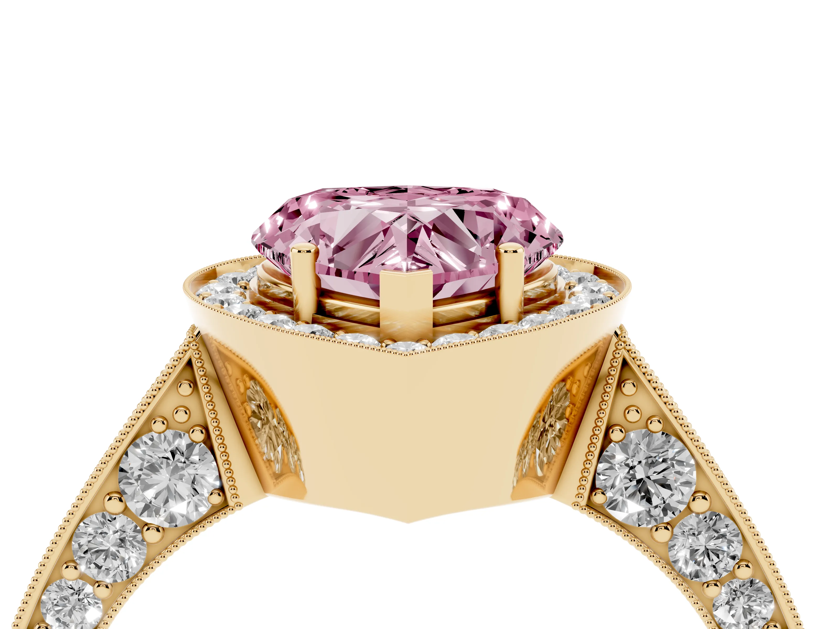 Fancy Pink Heart Cut Diamond Halo Engagement Ring Set in Yellow gold with Accent Split Shank Band
