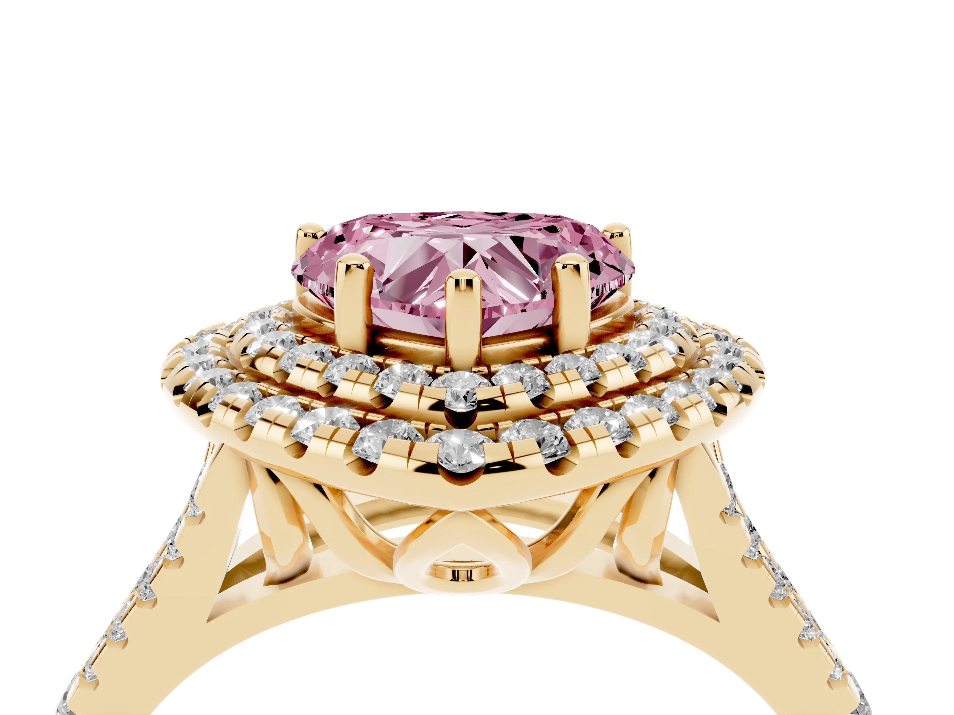 Fancy Pink Heart Cut Diamond Double Halo Ring Set in Yellow gold with Pavé Split Shank and Prong Setting