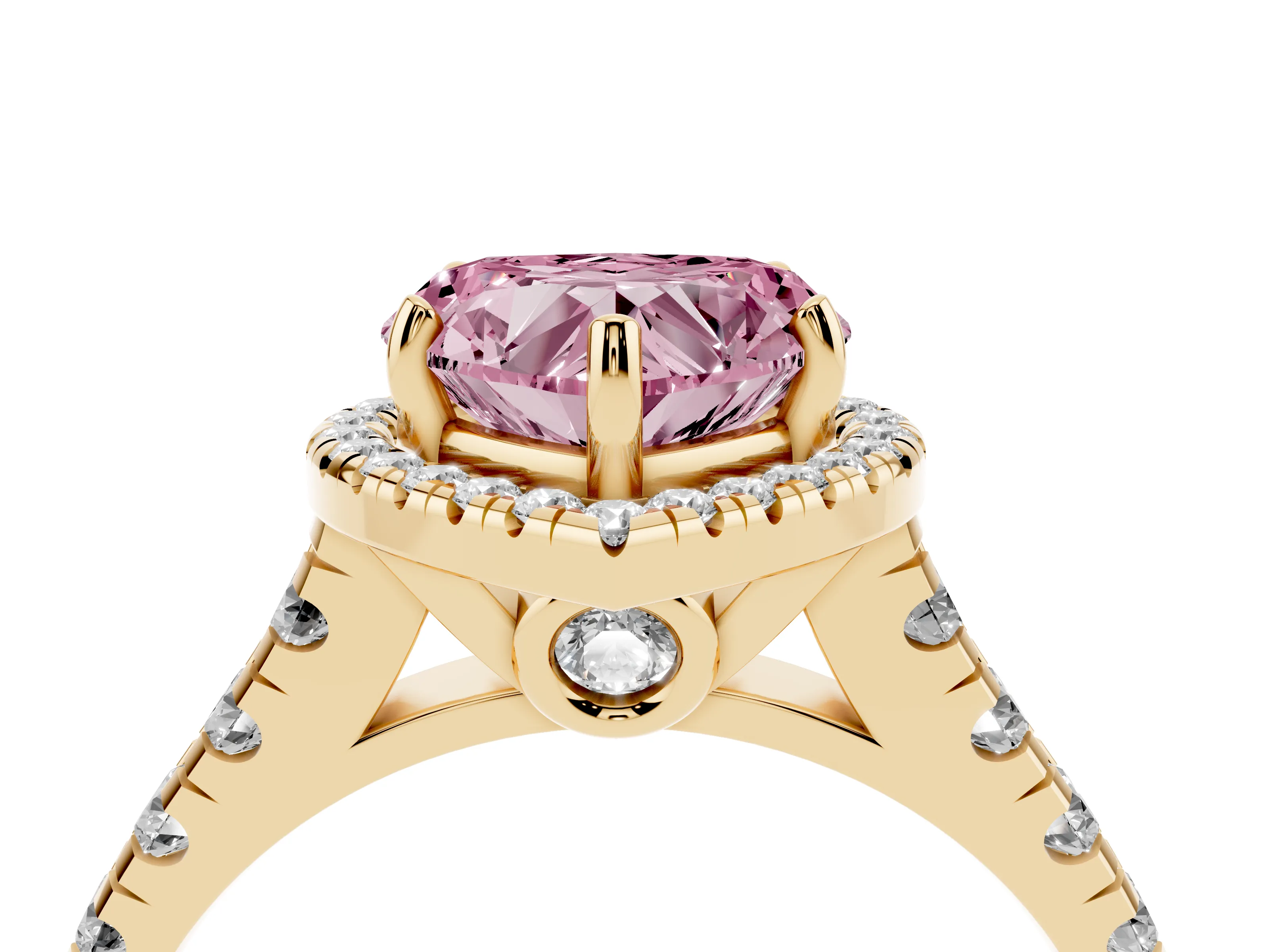 Fancy Pink Heart Cut Diamond Halo Engagement Ring Set in Yellow gold with Pavé Band and Prong-Set Center